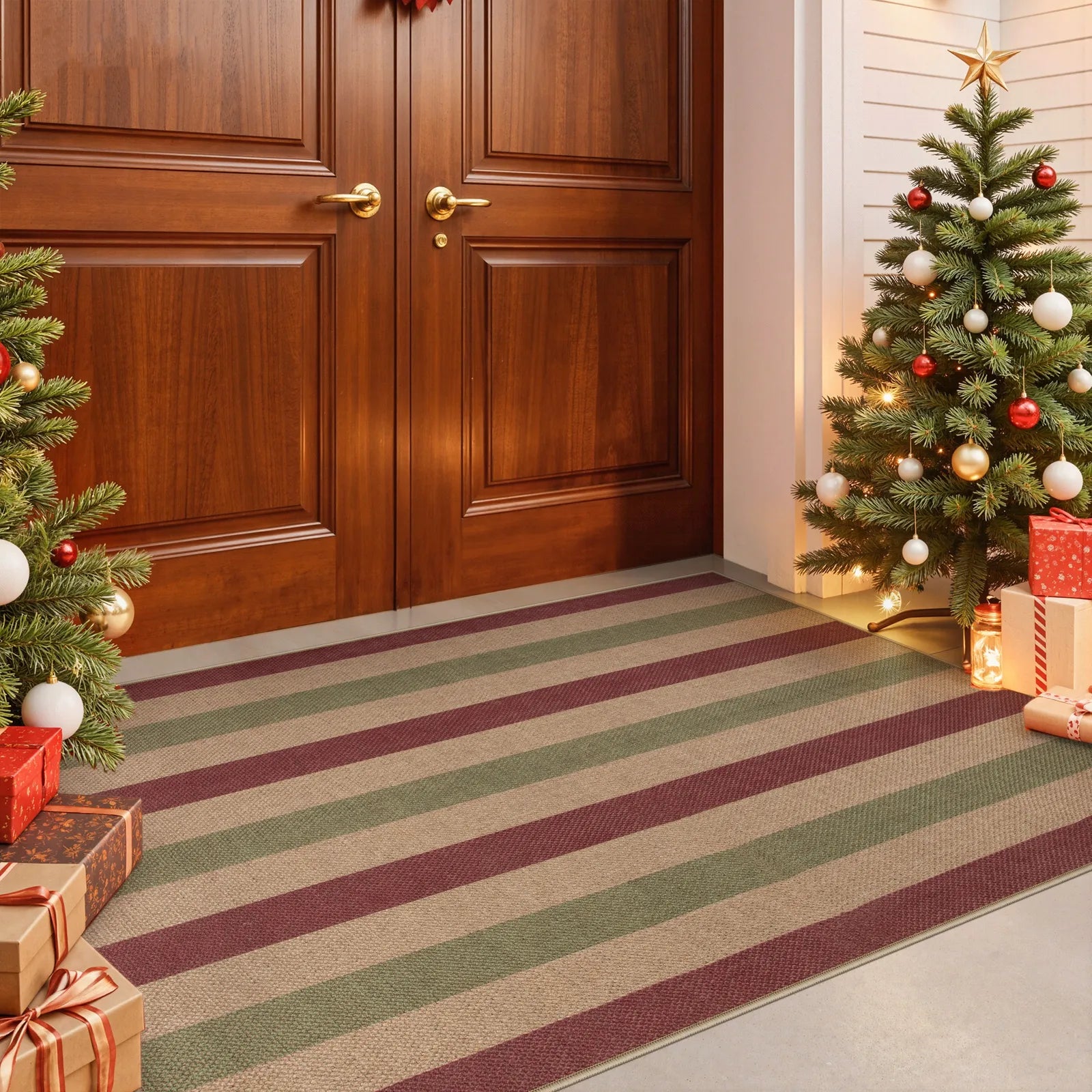 Xmas Elance Christmas Washable Easy Jute Wide Striped Red&Green Rug Easy Jute Rug Lahome