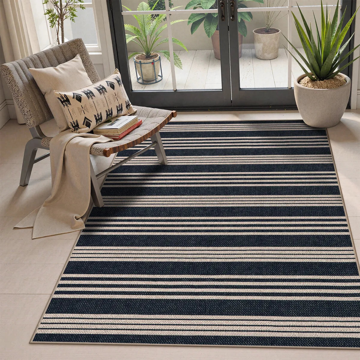 Elance Washable Modern Stripe Easy Jute Mix Black Indoor/Outdoor Rug Easy Jute Rug Lahome