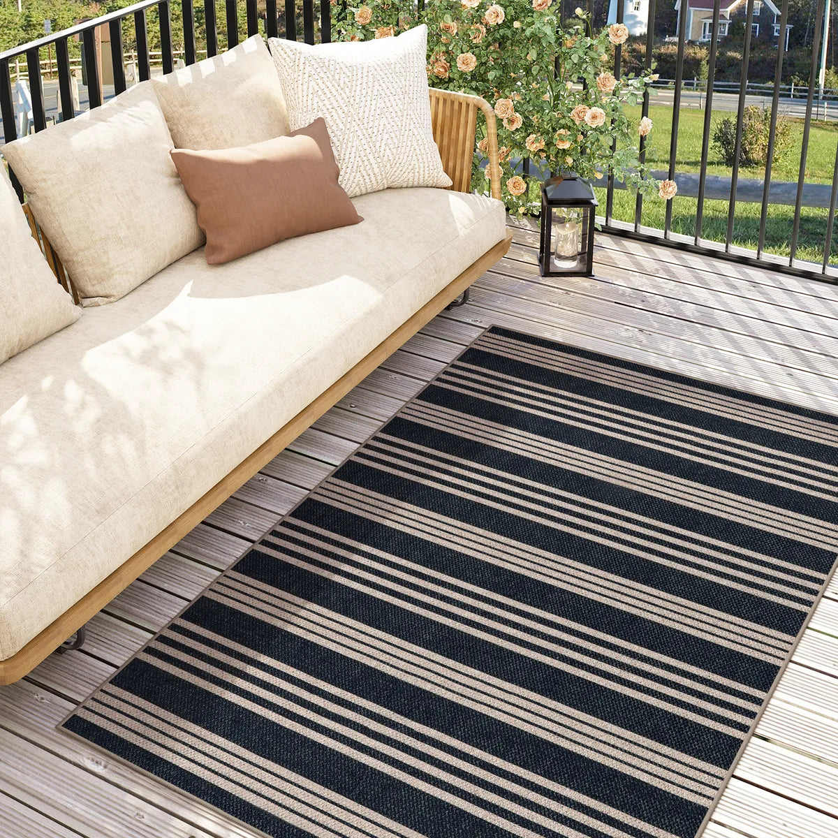 Elance Washable Modern Stripe Easy Jute Mix Black Indoor/Outdoor Rug Easy Jute Rug Lahome 3' x 5'