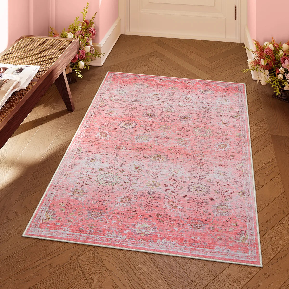 Flavie Washable Boho Parisian Floral Aesthetic Dark Pink Rug Area Rugs Lahome