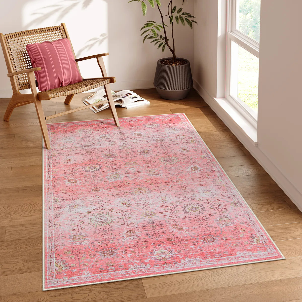 Flavie Washable Boho Parisian Floral Aesthetic Dark Pink Rug Area Rugs Lahome