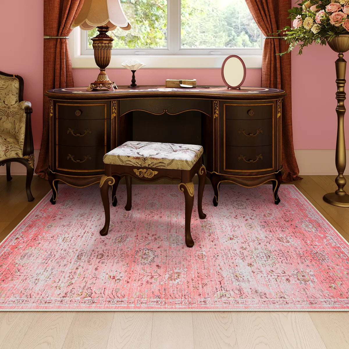 Flavie Washable Boho Parisian Floral Aesthetic Dark Pink Rug Area Rugs Lahome
