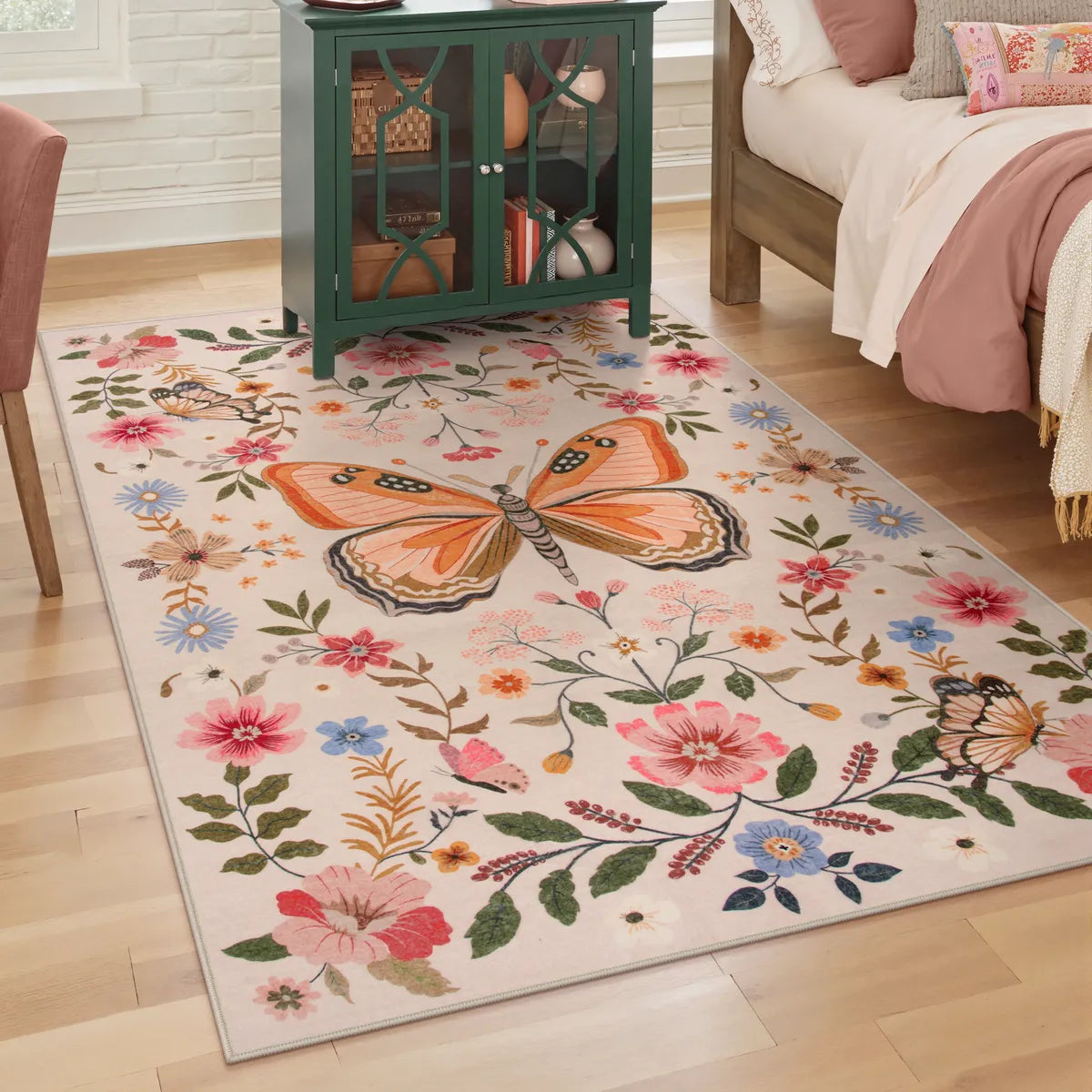 Fleuron Washable Boho Garden Floral Butterfly Pink/Beige Rug Rugs Lahome 3' x 5'
