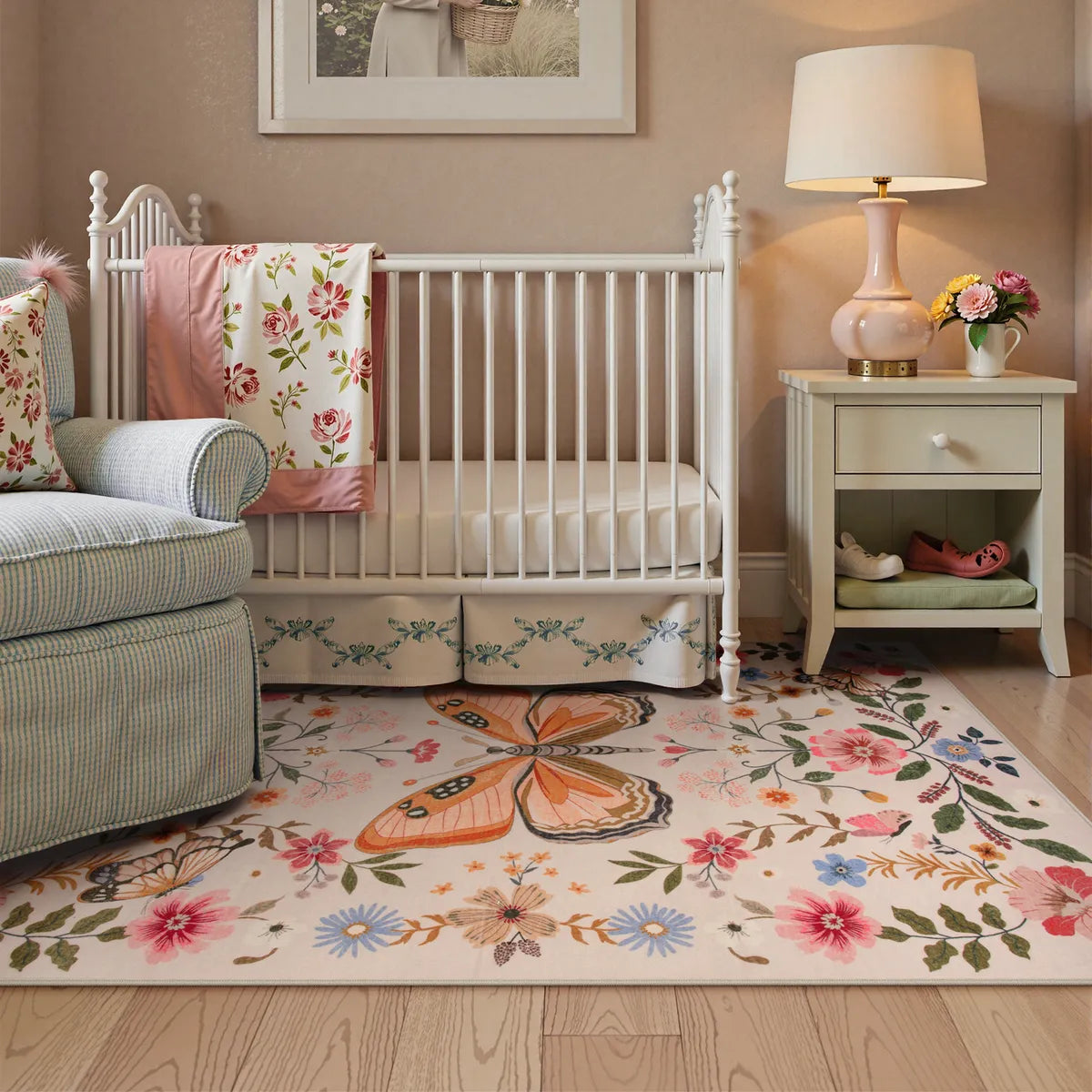 Fleuron Washable Boho Garden Floral Butterfly Pink/Beige Rug Rugs Lahome