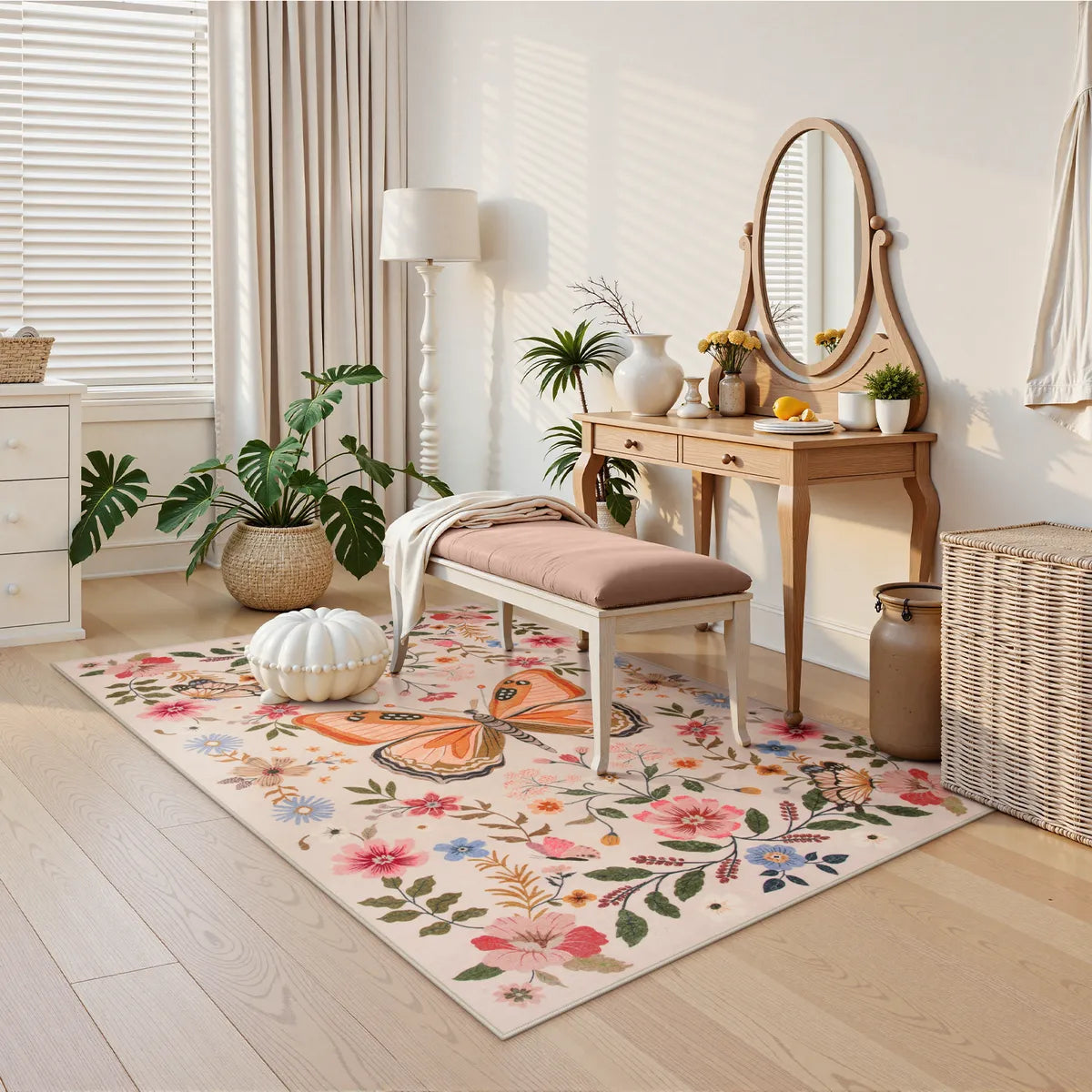 Fleuron Washable Boho Garden Floral Butterfly Pink/Beige Rug Rugs Lahome
