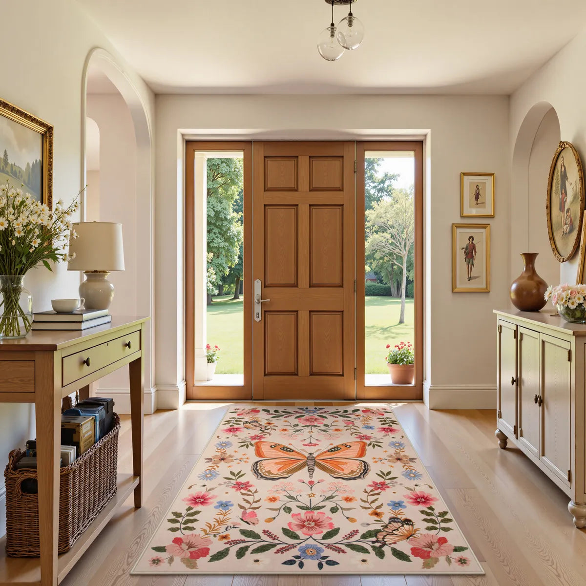 Fleuron Washable Boho Garden Floral Butterfly Pink/Beige Rug Rugs Lahome