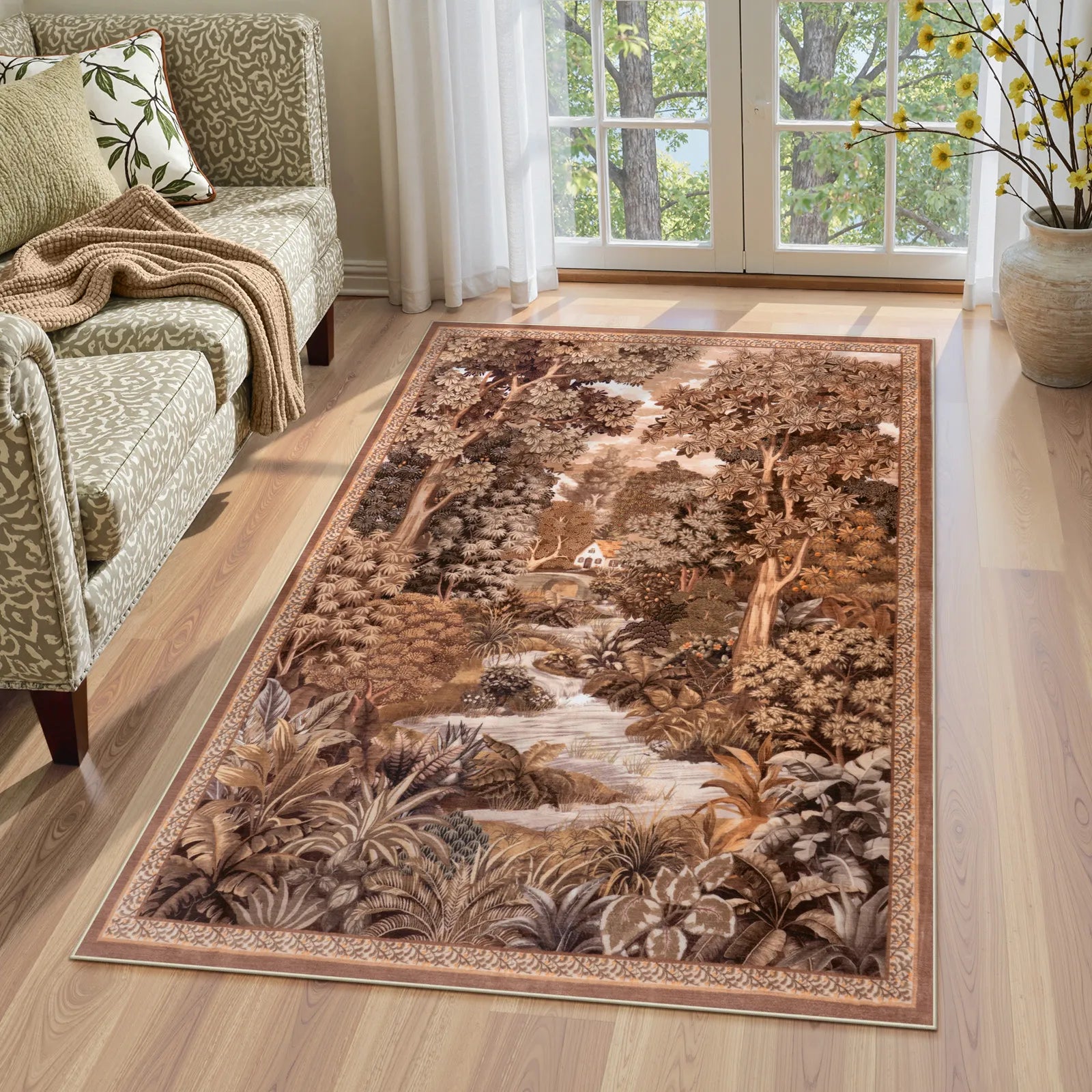 Foret Washable Vintage Forest Woodland Brown Rug Area Rugs Lahome 3' x 5'