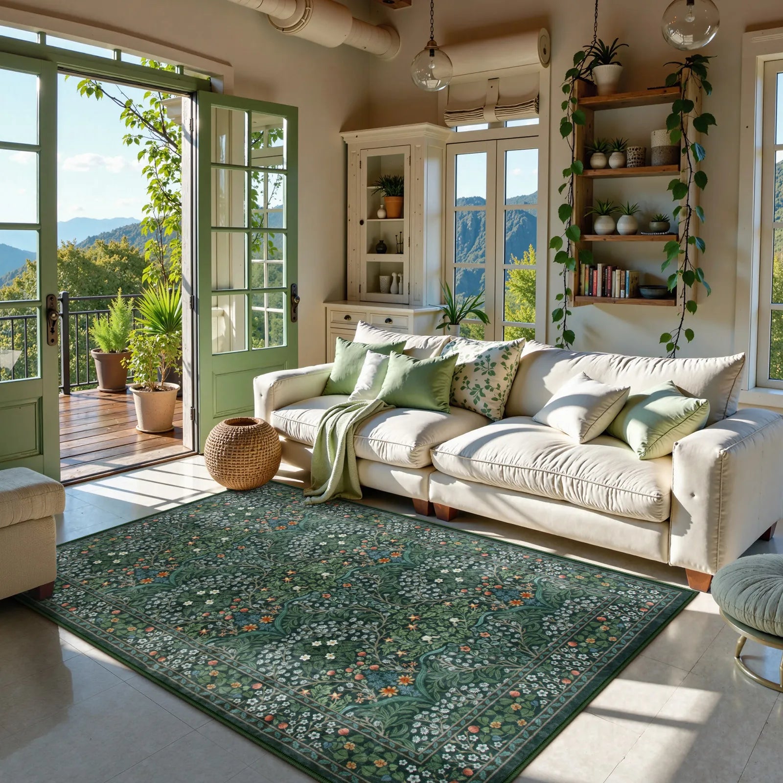 Giverny Washable Maximalism Vintage French Floral Dark Green Rug Rugs Lahome