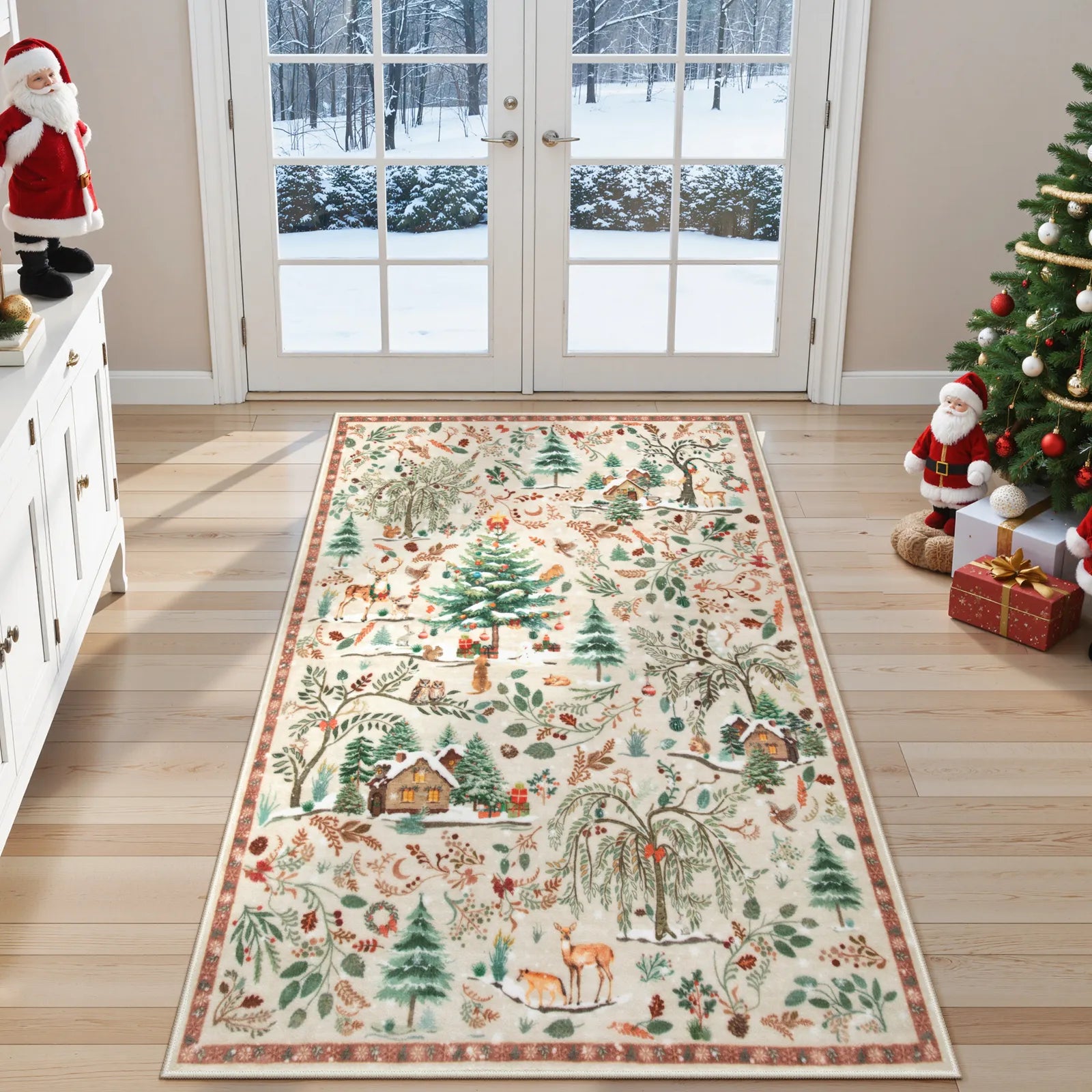 Jocelyn Christmas Washable Winter Woodland Cabin Beige Rug Area Rugs Lahome 3' x 5'
