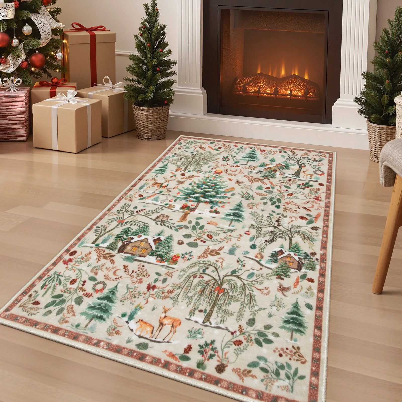 Jocelyn Christmas Washable Winter Woodland Cabin Beige Rug Area Rugs Lahome