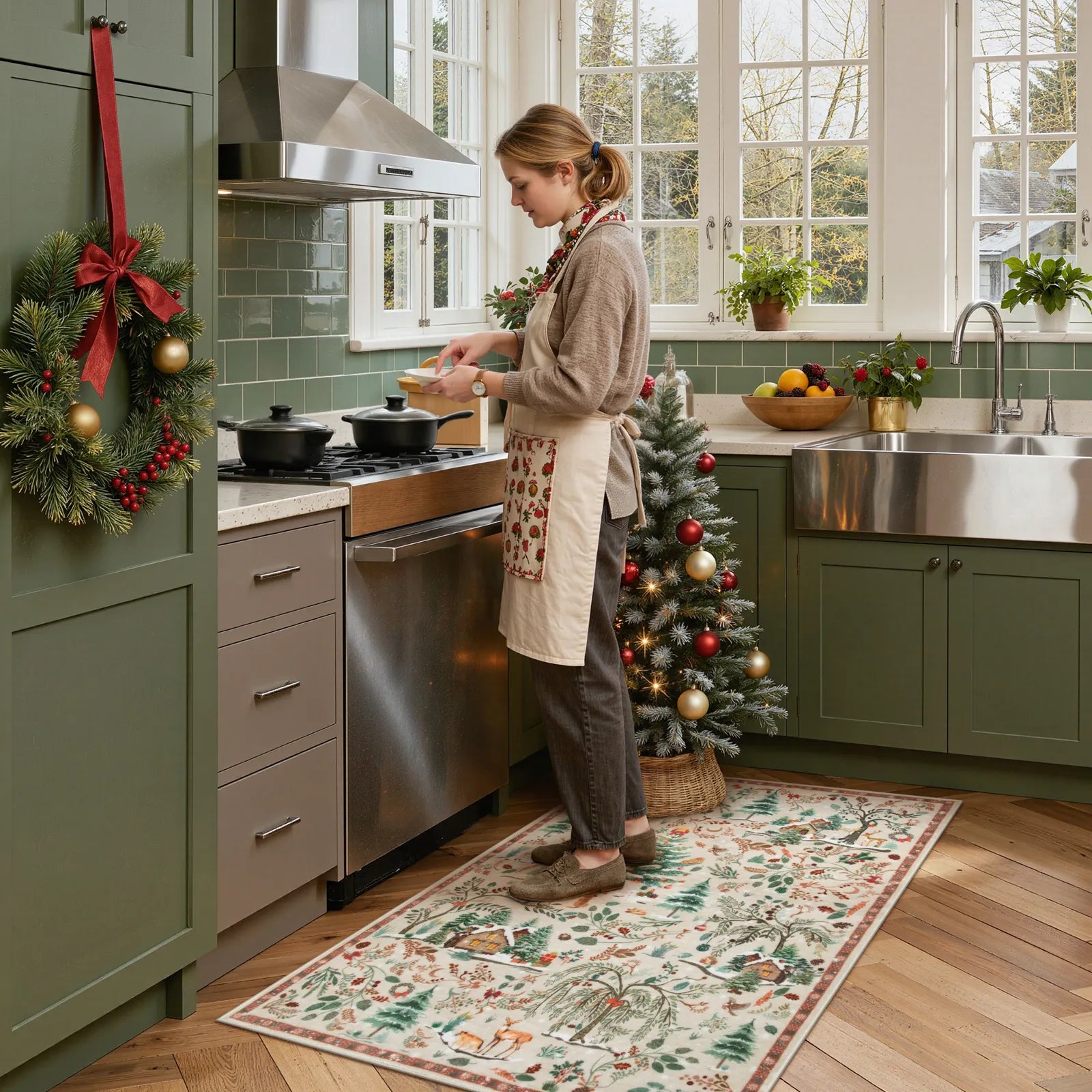 Jocelyn Christmas Washable Winter Woodland Cabin Beige Rug Area Rugs Lahome
