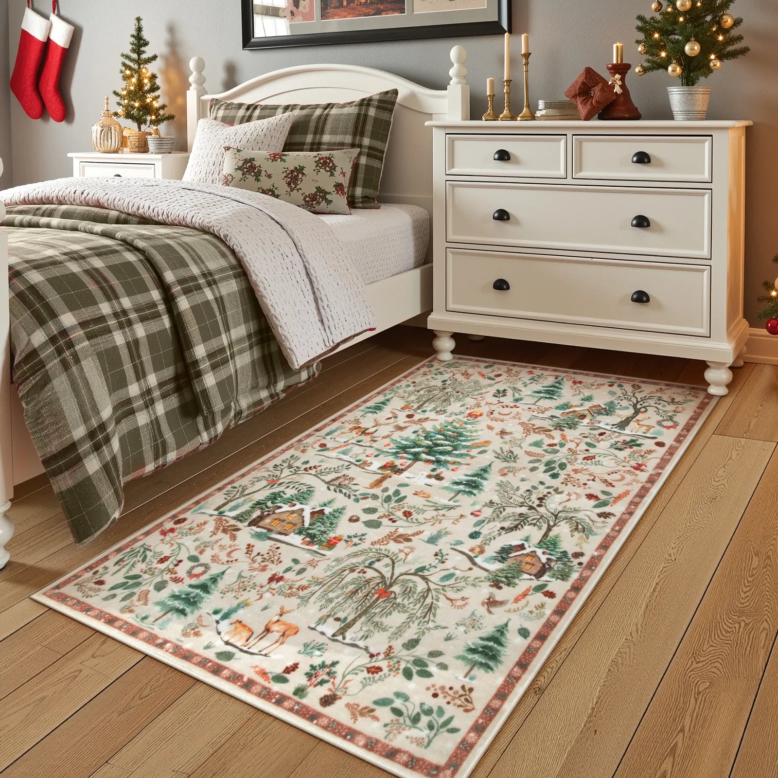 Jocelyn Christmas Washable Winter Woodland Cabin Beige Rug Area Rugs Lahome