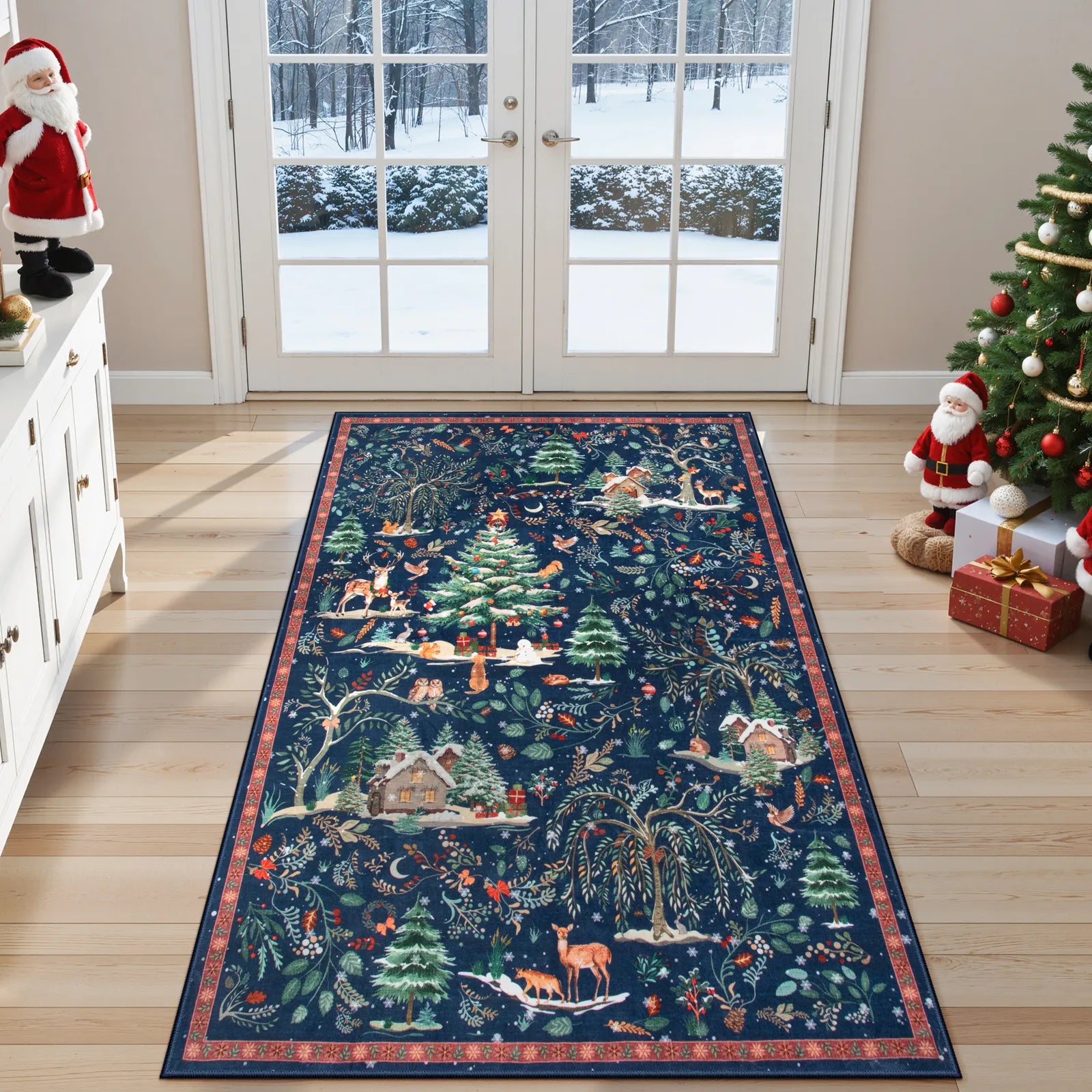 Jocelyn Christmas Washable Winter Woodland Cabin Blue Rug Area Rugs Lahome