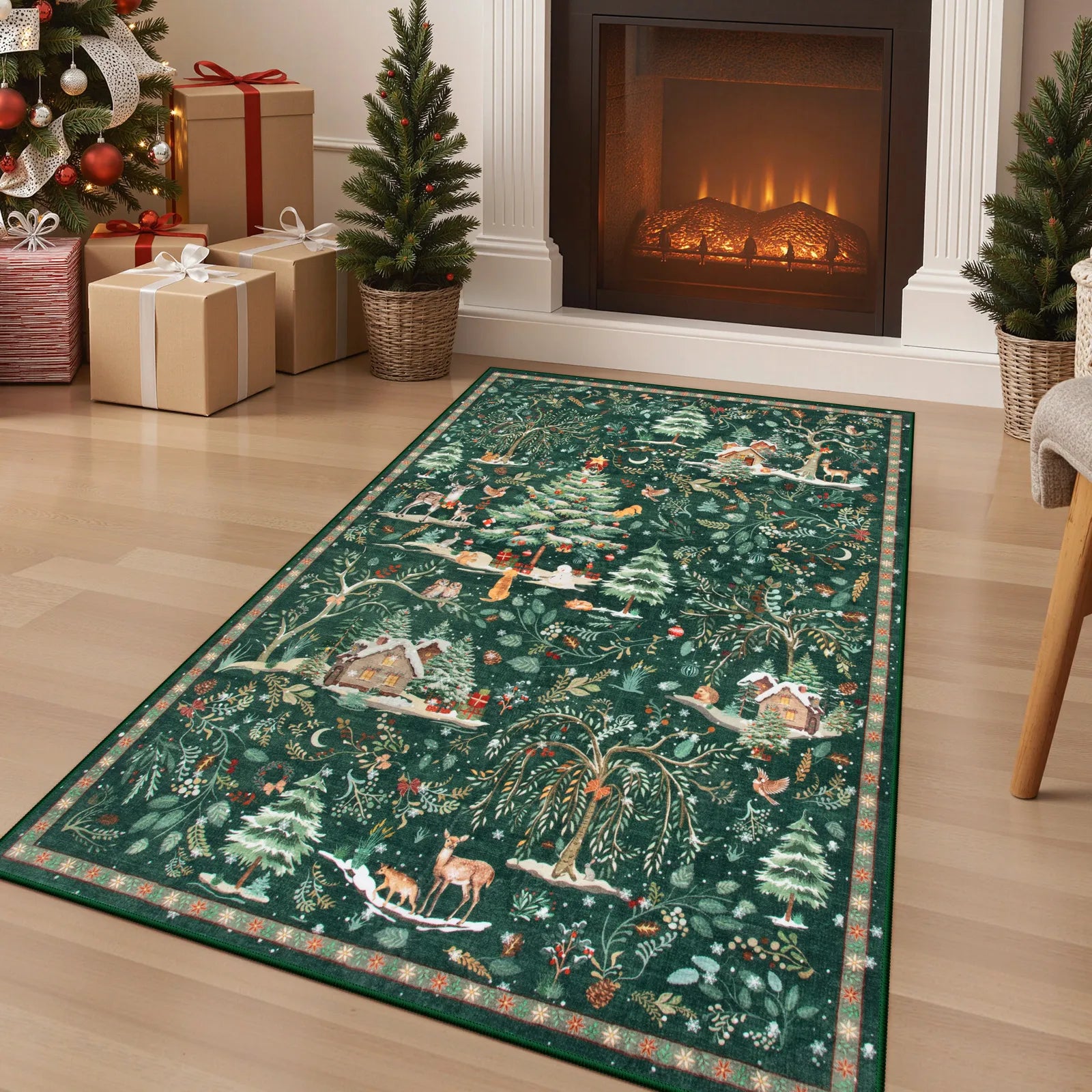 Jocelyn Christmas Washable Winter Woodland Cabin Green Rug Area Rugs Lahome