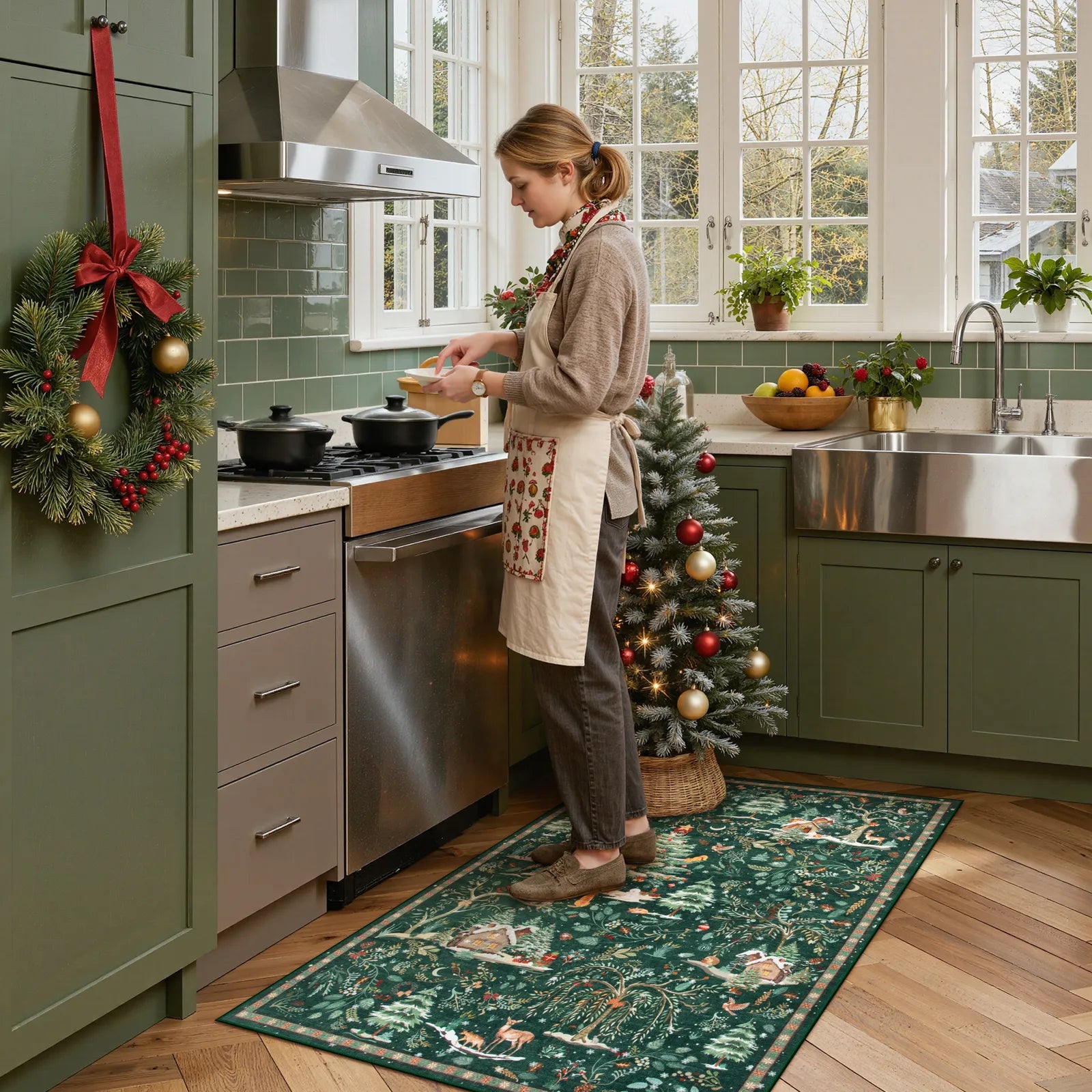 Jocelyn Christmas Washable Winter Woodland Cabin Green Rug Area Rugs Lahome