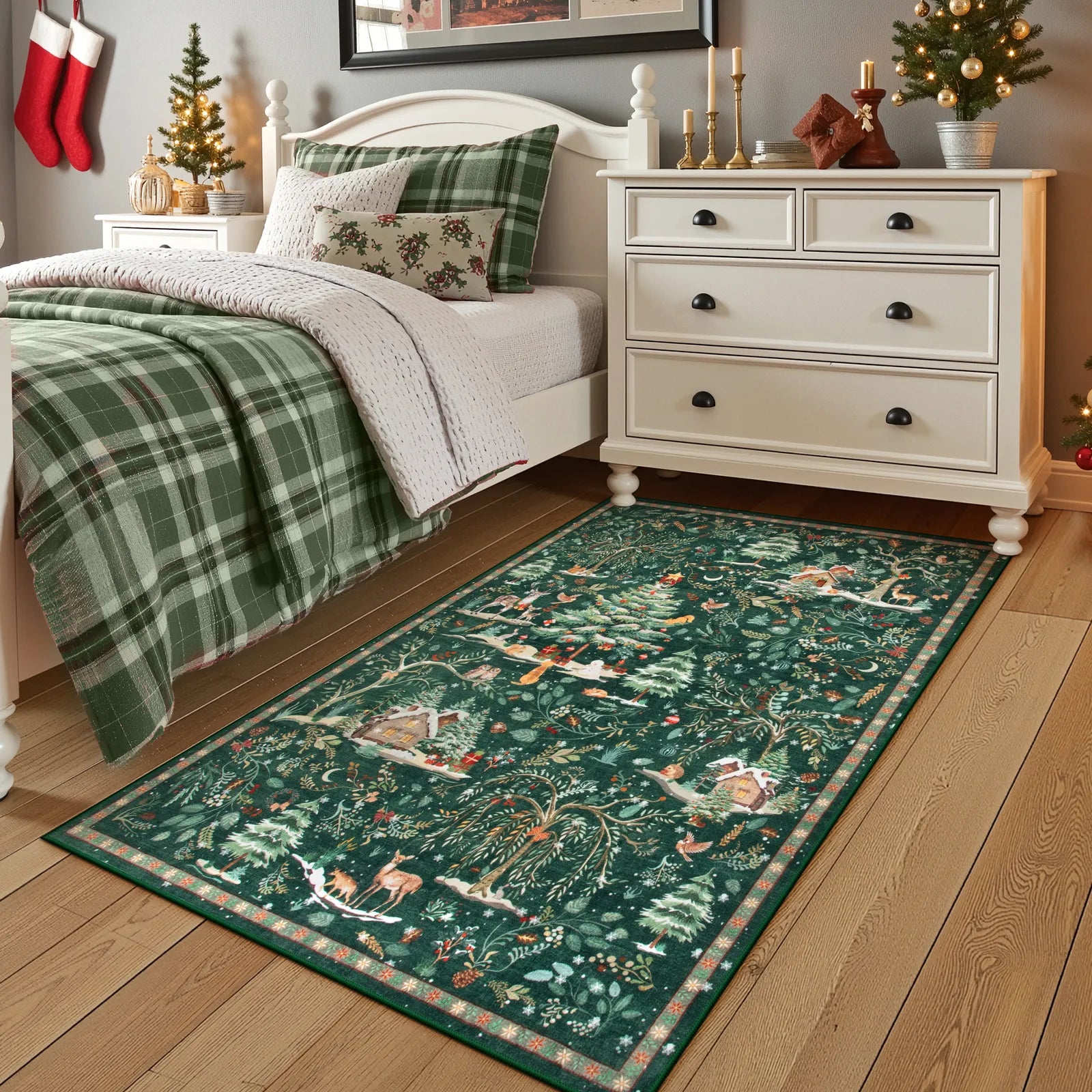 Jocelyn Christmas Washable Winter Woodland Cabin Green Rug Area Rugs Lahome