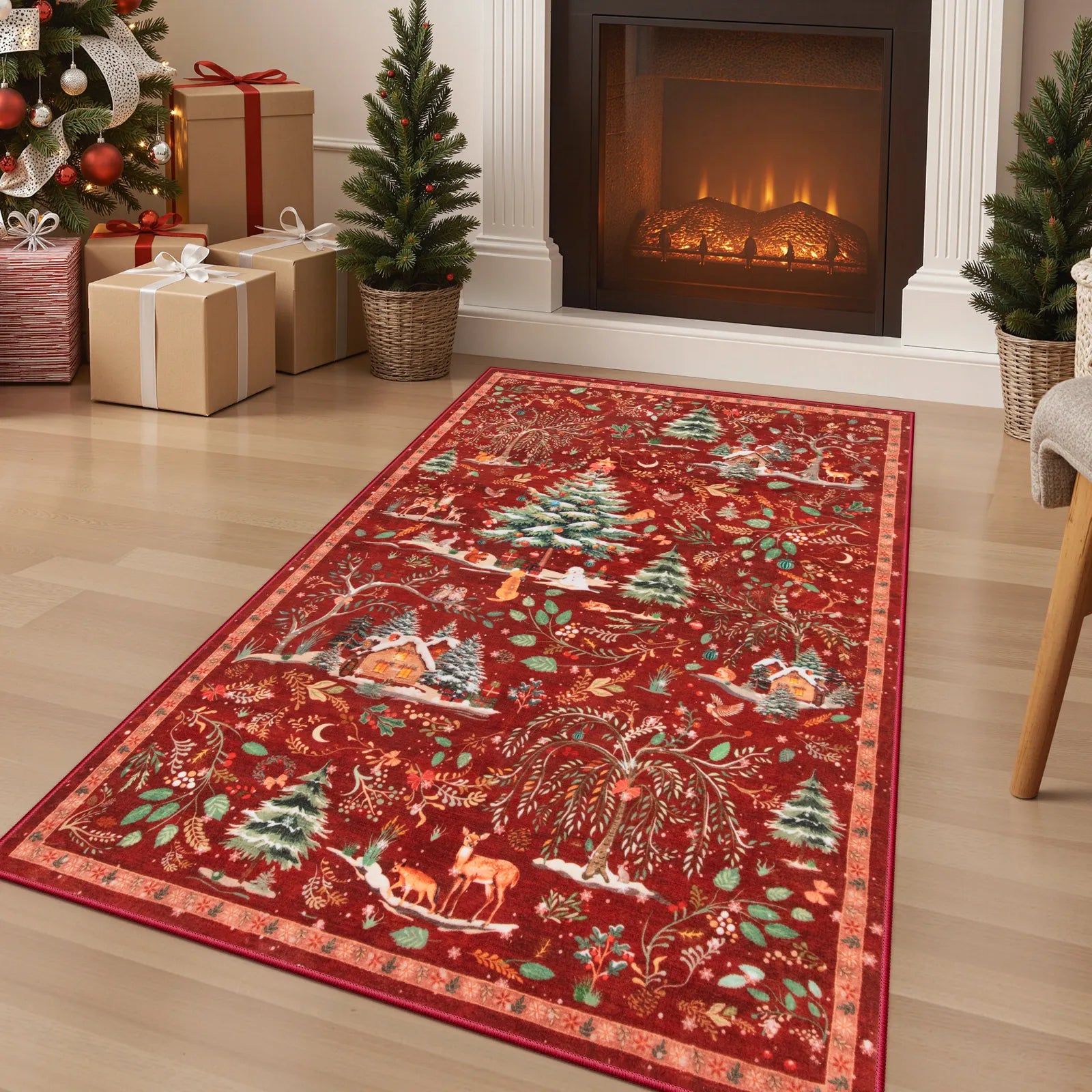 Jocelyn Christmas Washable Winter Woodland Cabin Red Rug Area Rugs Lahome 3' x 5'