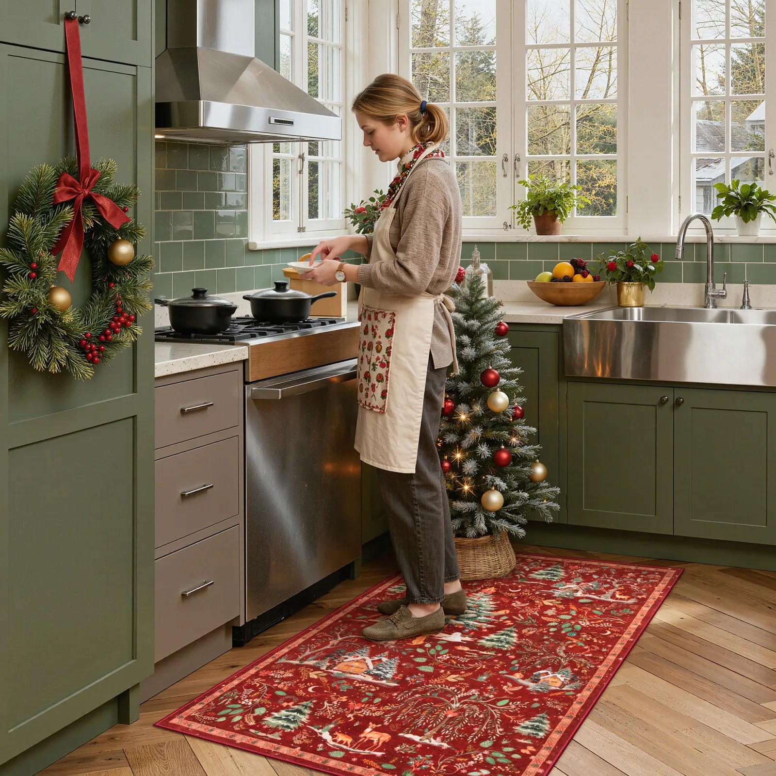 Jocelyn Christmas Washable Winter Woodland Cabin Red Rug Area Rugs Lahome