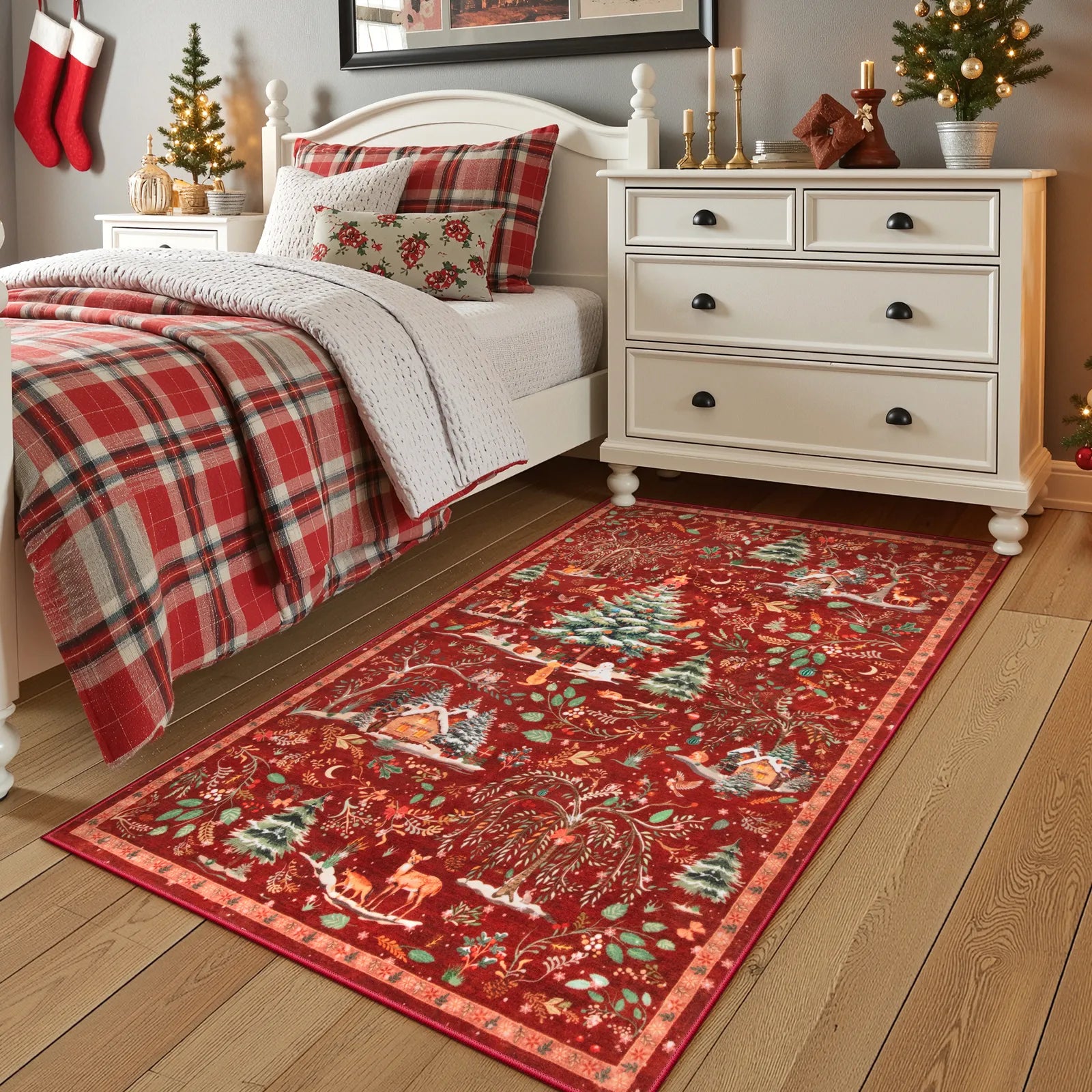 Jocelyn Christmas Washable Winter Woodland Cabin Red Rug Area Rugs Lahome