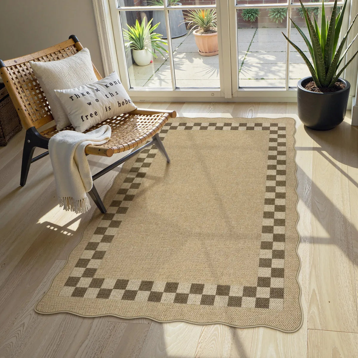 Linoe Washable Checkered Wavy Oatmeal Easy Jute Rug Rugs Lahome