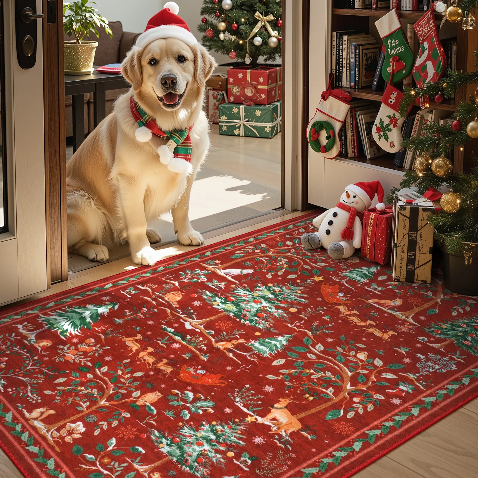 Lumiere Christmas Washable Classic Deer Woodland Red Rug Area Rugs Lahome