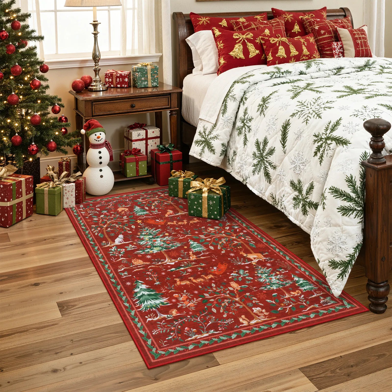 Lumiere Christmas Washable Classic Deer Woodland Red Rug Area Rugs Lahome