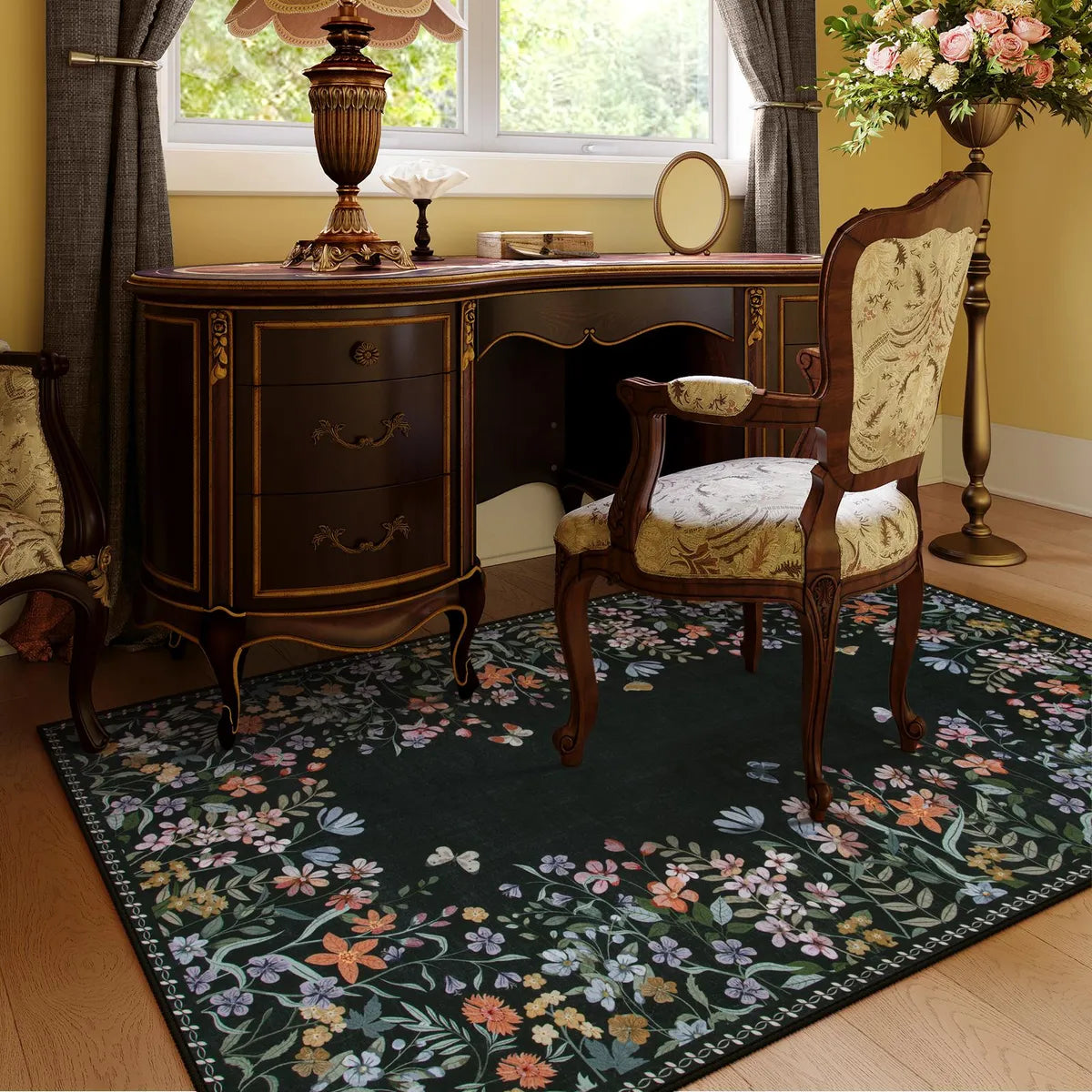 Solene Washable Modern Blooming Floral Garden Black Rug Area Rugs Lahome