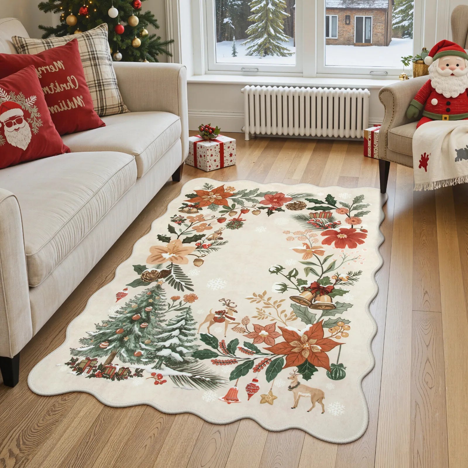 Nicolas Christmas Washable Floral Bell Beige Rug Area Rugs Lahome