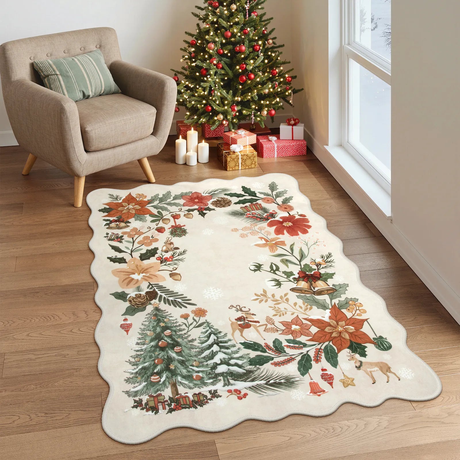 Nicolas Christmas Washable Floral Bell Beige Rug Area Rugs Lahome 3' x 5'
