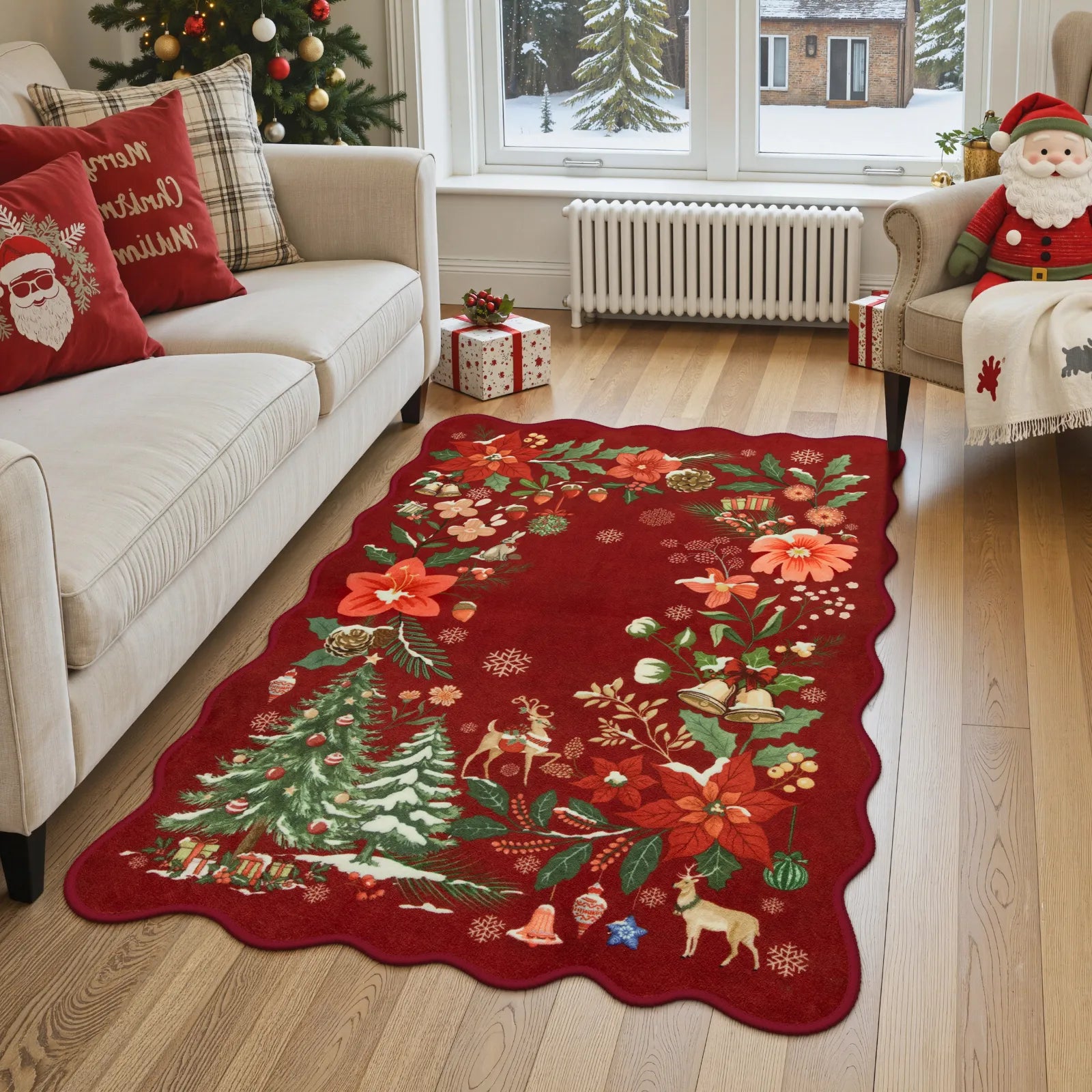 Nicolas Christmas Washable Floral Bell Red Rug Area Rugs Lahome