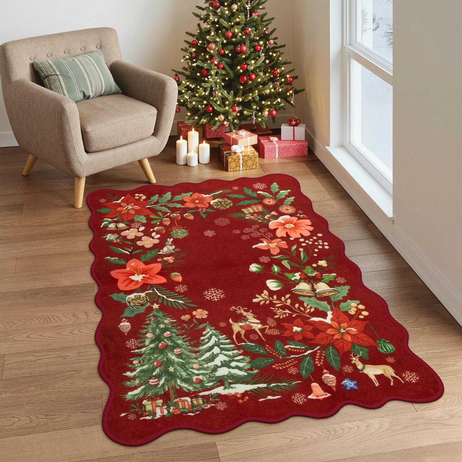 Nicolas Christmas Washable Floral Bell Red Rug Area Rugs Lahome 3' x 5'