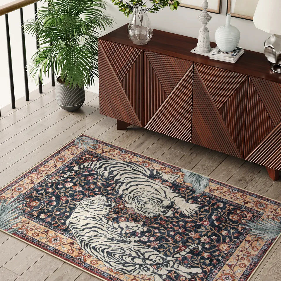 Rava Washable Wild Tiger Brown Rug Area Rugs Lahome