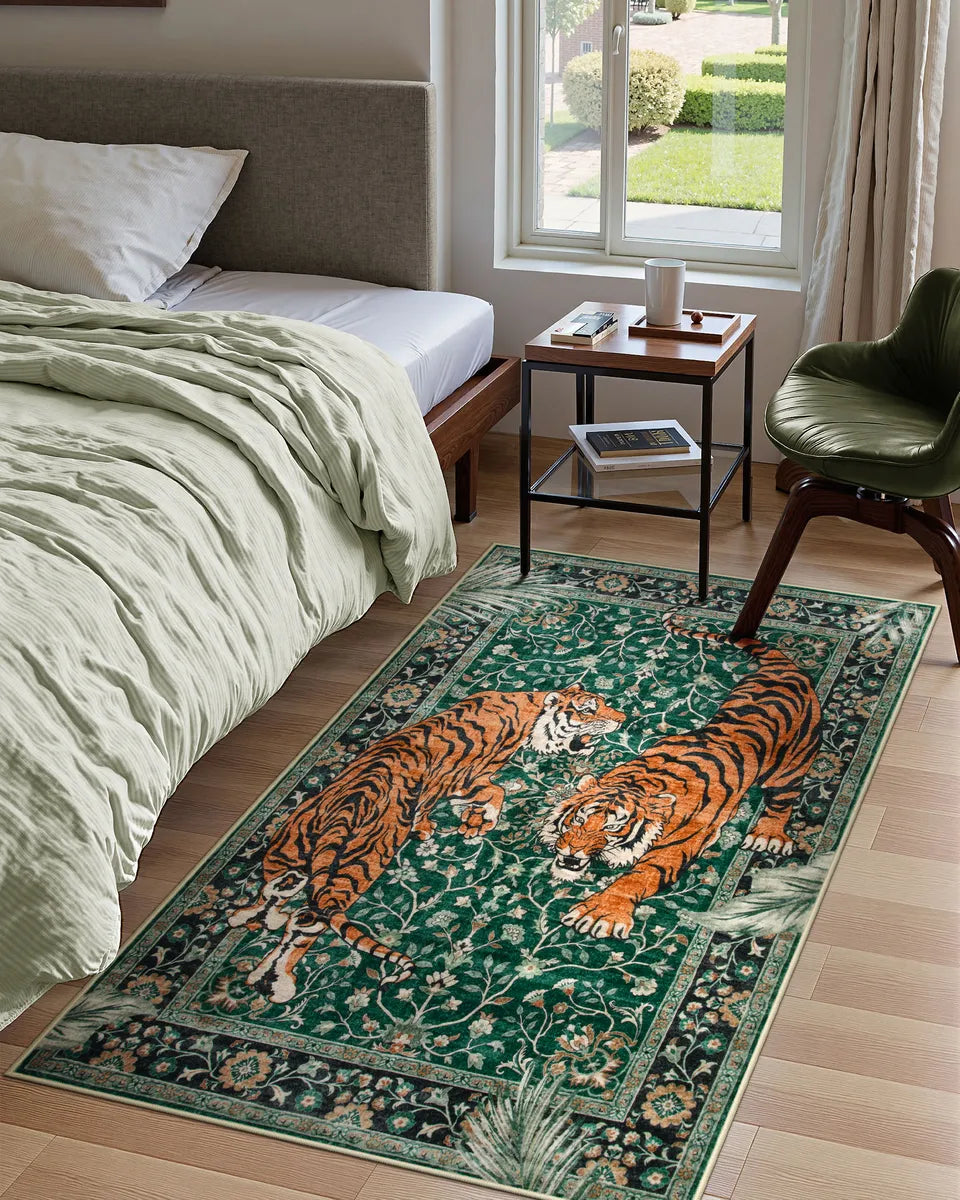 Rava Washable Wild Tiger Green Rug Area Rugs Lahome