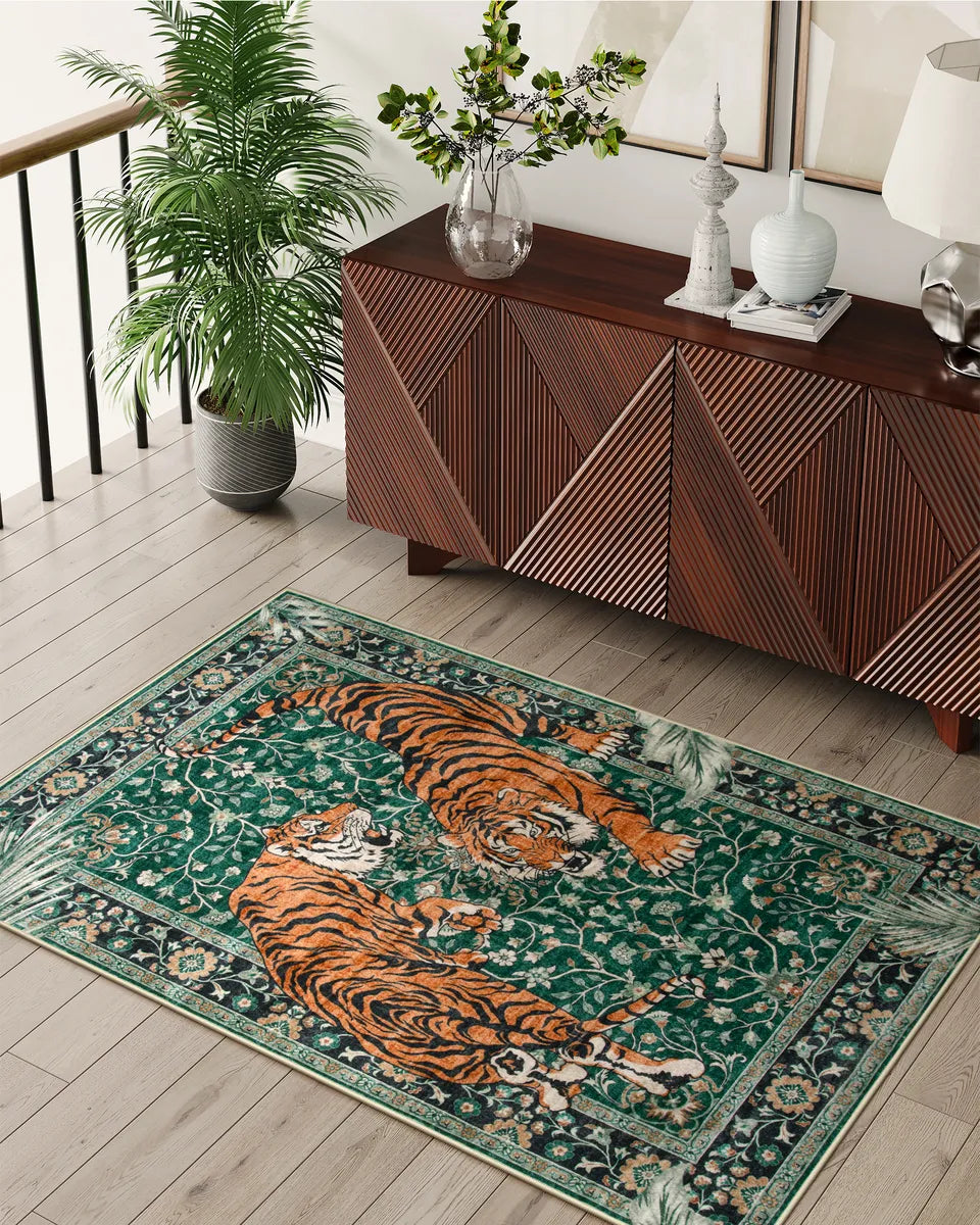 Rava Washable Wild Tiger Green Rug Area Rugs Lahome