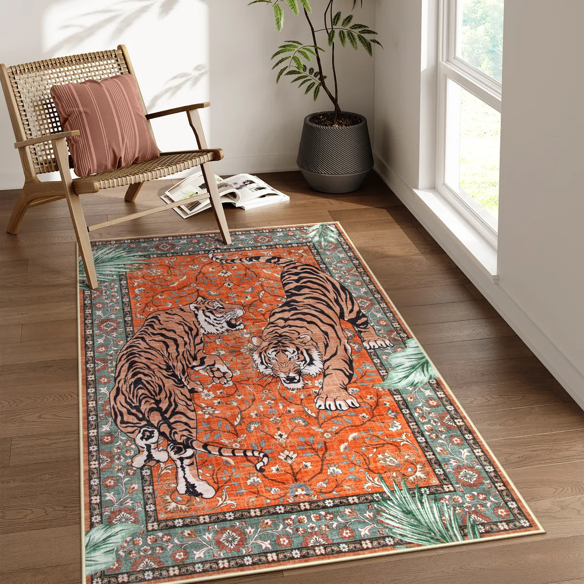 Rava Washable Wild Tiger Red Rug Area Rugs Lahome 3' x 5'