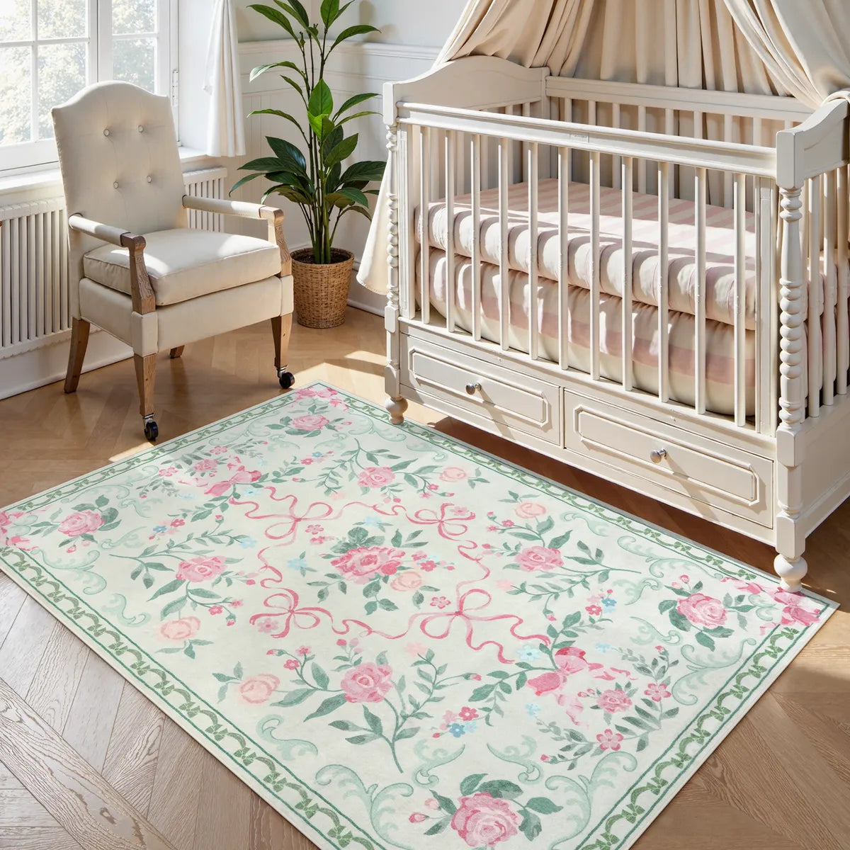 Rosabel Washable Floral Bows Green Rug Area Rugs Lahome 3' x 5'
