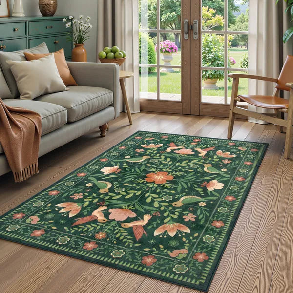 Rosalie Washable Boho Birdsong Floral Garden Green Rug Area Rugs Lahome