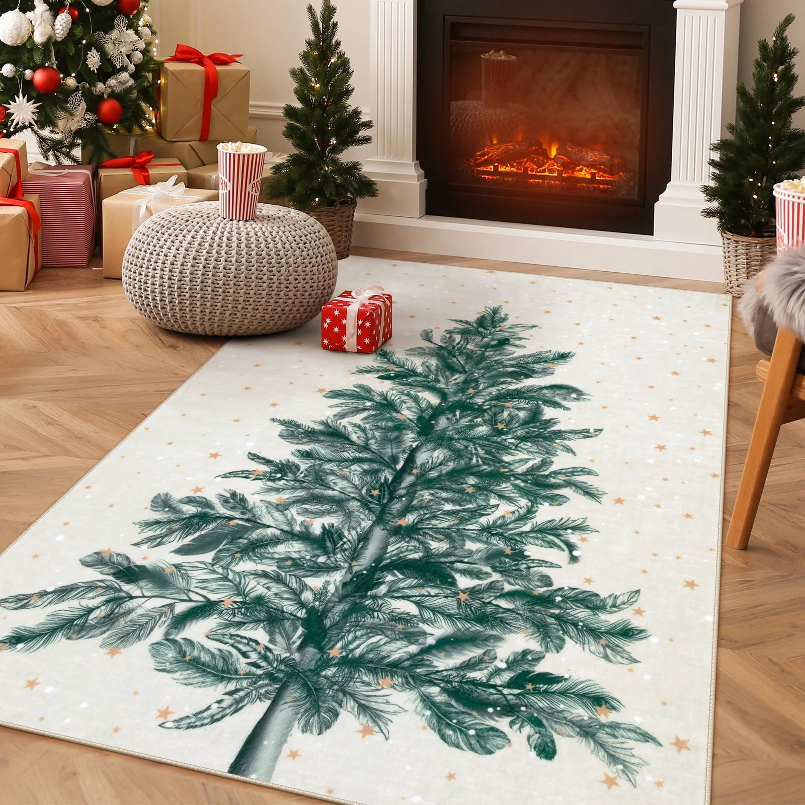 Velours Christmas Washable Tree and Snowflake Beige Rug Area Rugs Lahome 3' x 5'