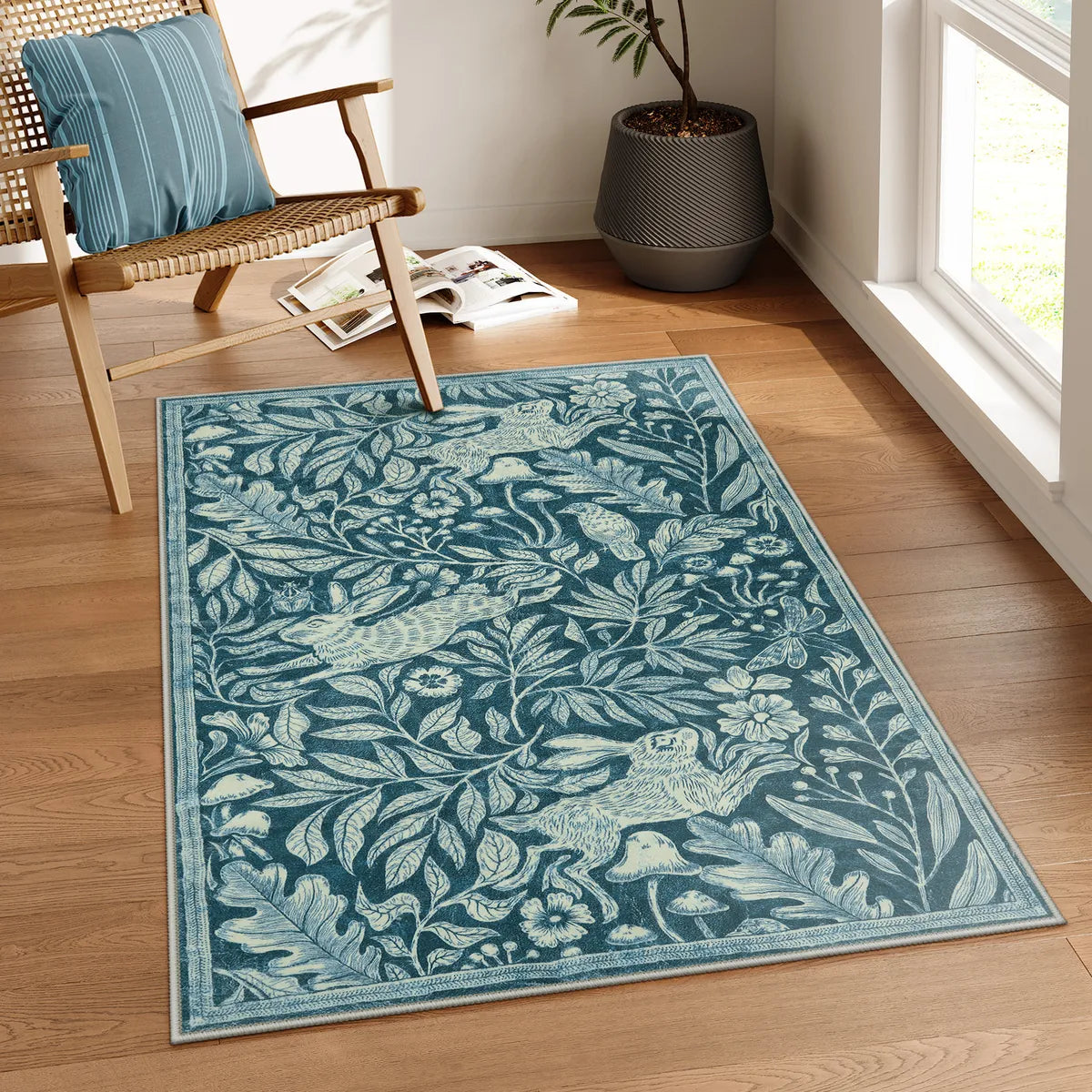 Nadine Washable Vintage Woodcut Forest and Rabbit Blue Rug Area Rugs Lahome