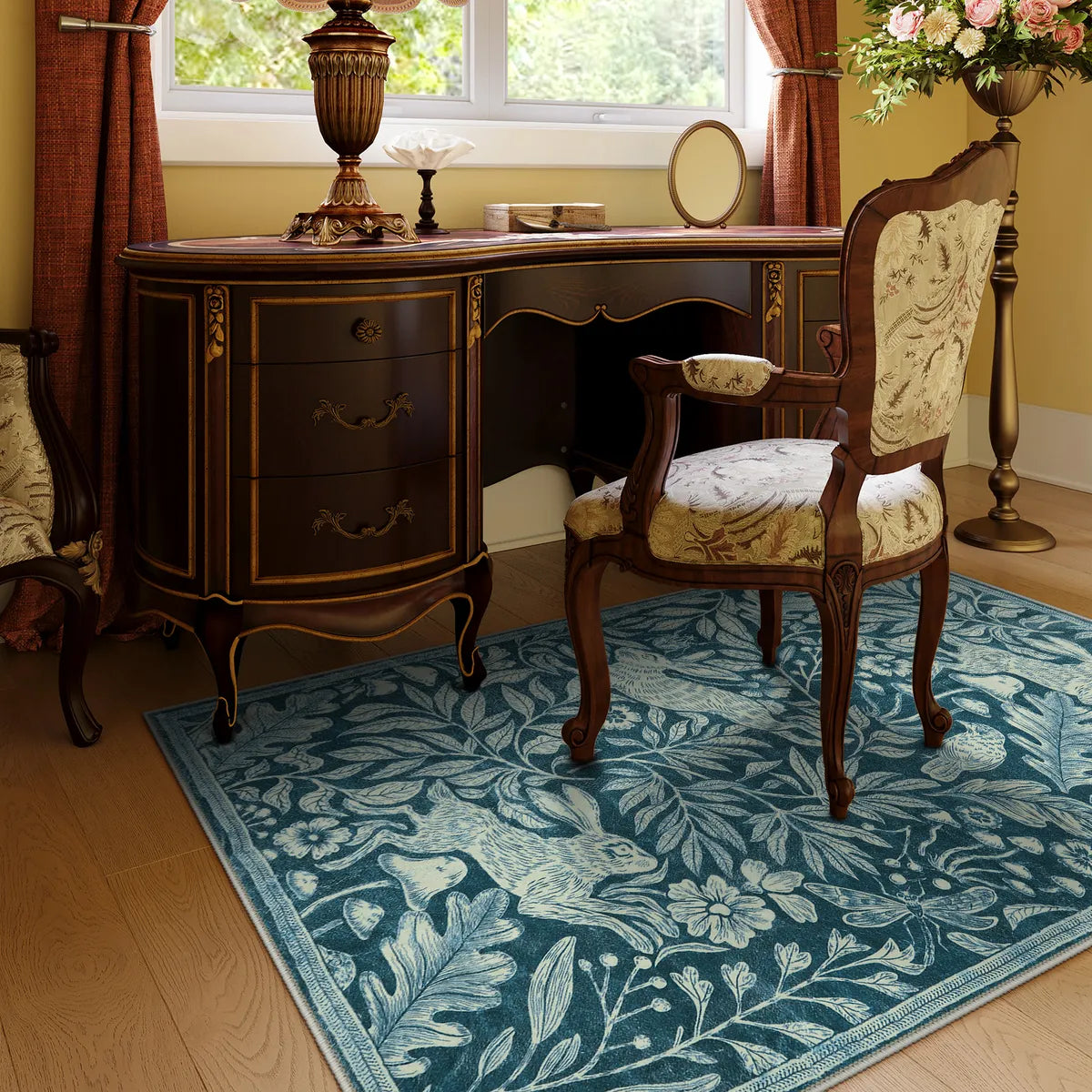 Nadine Washable Vintage Woodcut Forest and Rabbit Blue Rug Area Rugs Lahome 3' x 5'