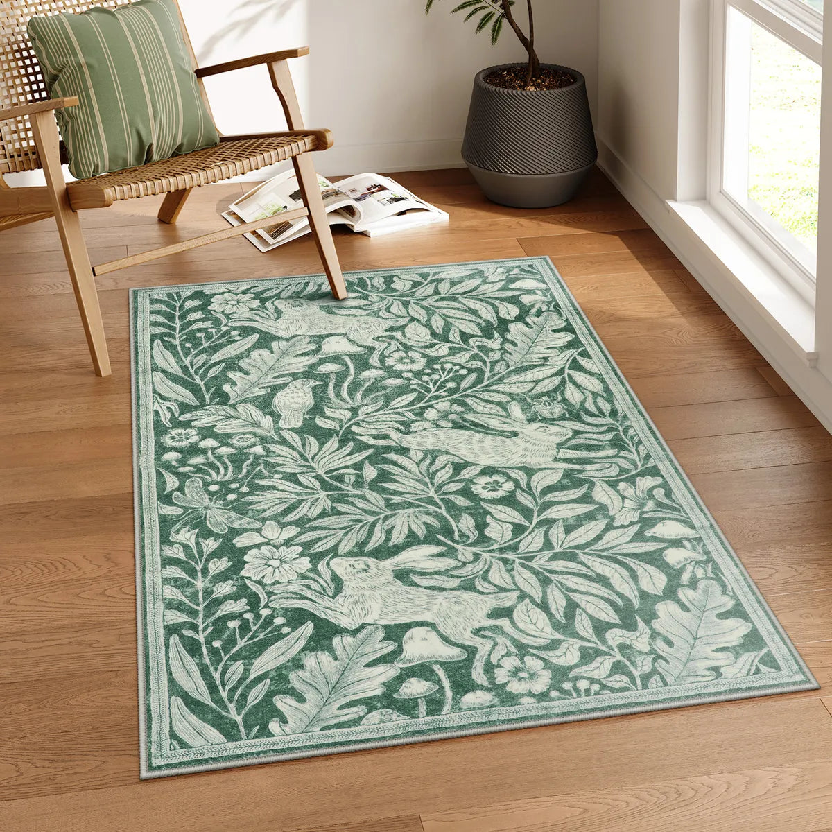 Nadine Washable Vintage Woodcut Forest and Rabbit Green Rug Area Rugs Lahome