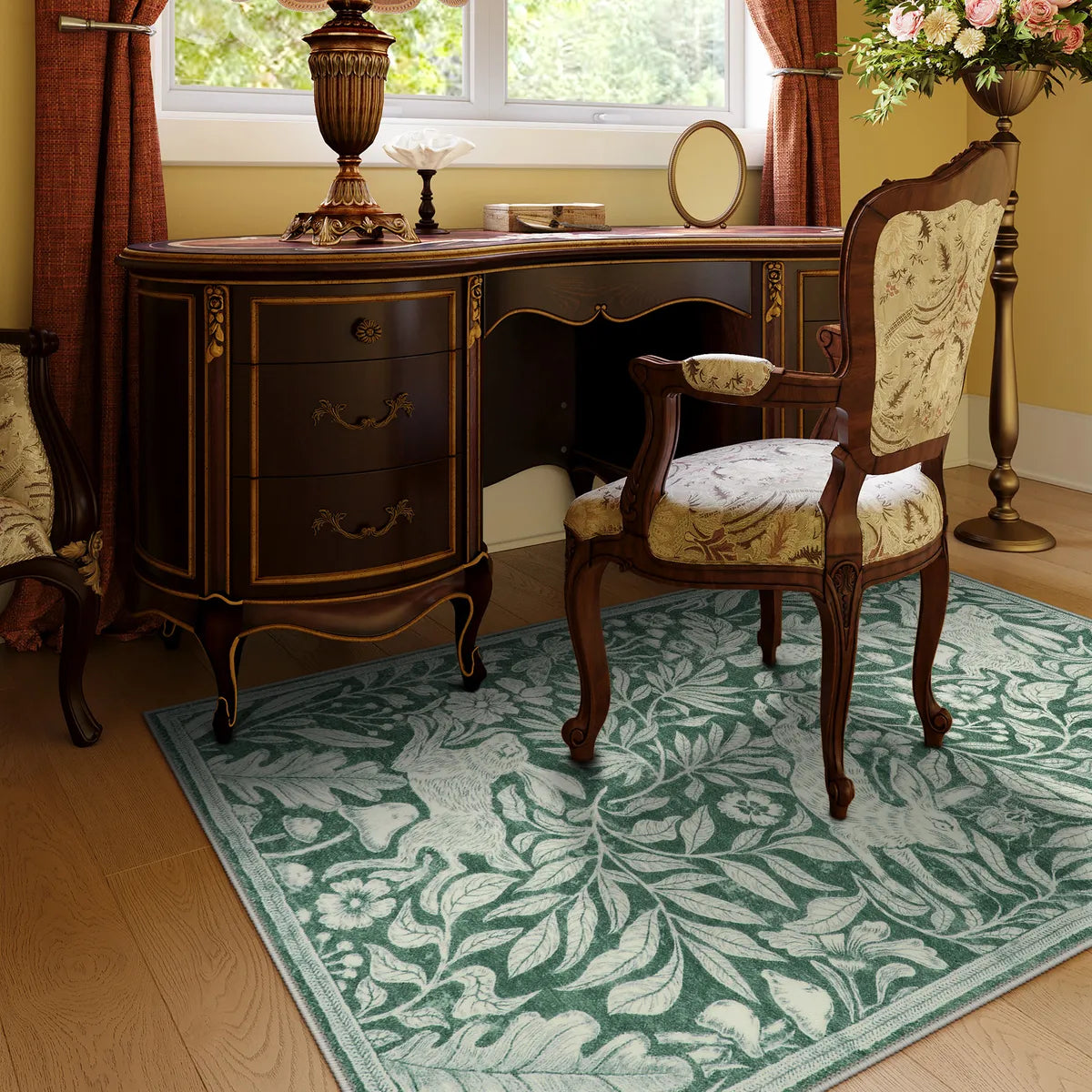 Nadine Washable Vintage Woodcut Forest and Rabbit Green Rug Area Rugs Lahome 3' x 5'
