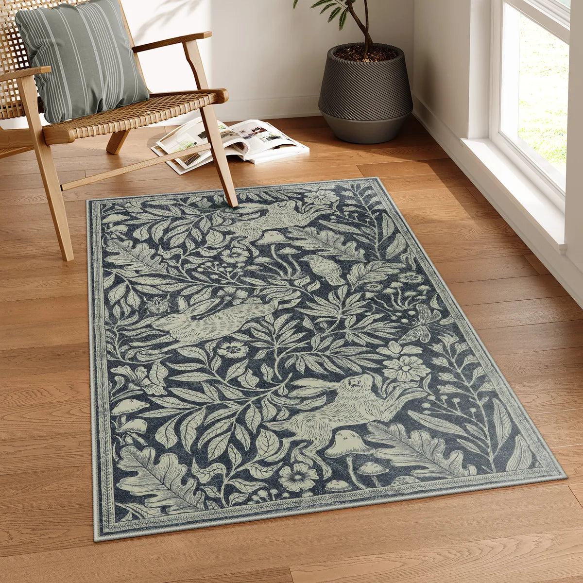 Nadine Washable Vintage Woodcut Forest and Rabbit Grey Rug Area Rugs Lahome