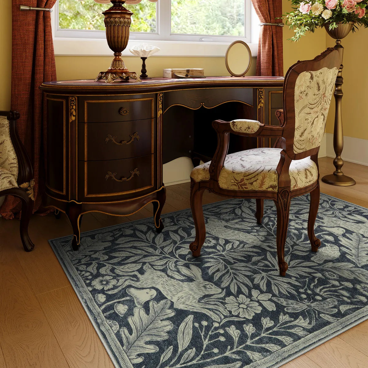 Nadine Washable Vintage Woodcut Forest and Rabbit Grey Rug Area Rugs Lahome 3' x 5'