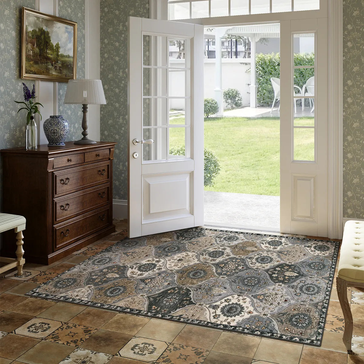 Elise Washable Ultra-thin Vintage Floral Moroccan Trellis Grey Rug Area Rugs Lahome 3' x 5'