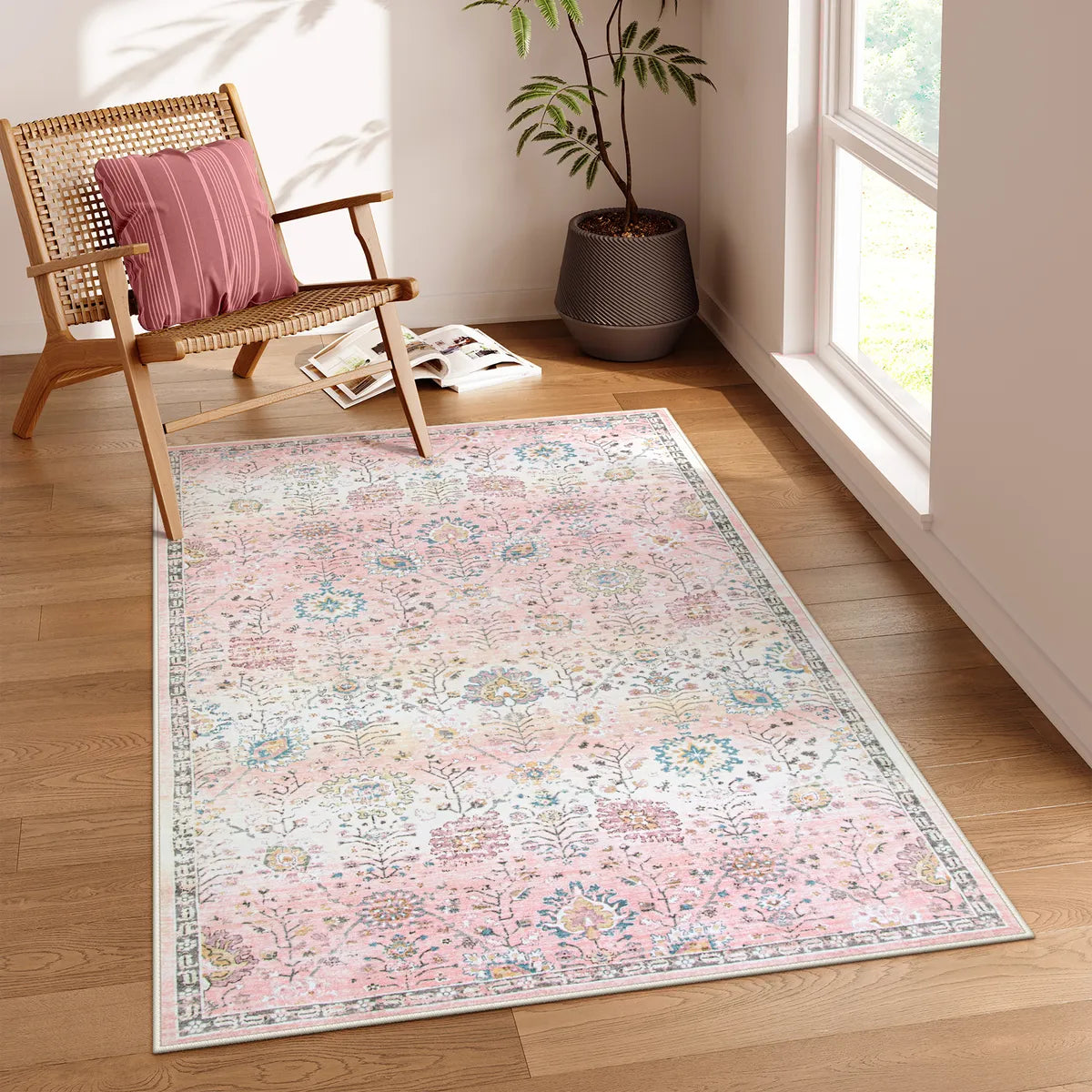 Flavie Washable Boho Parisian Floral Aesthetic Pink Rug Area Rugs Lahome 3' x 5'