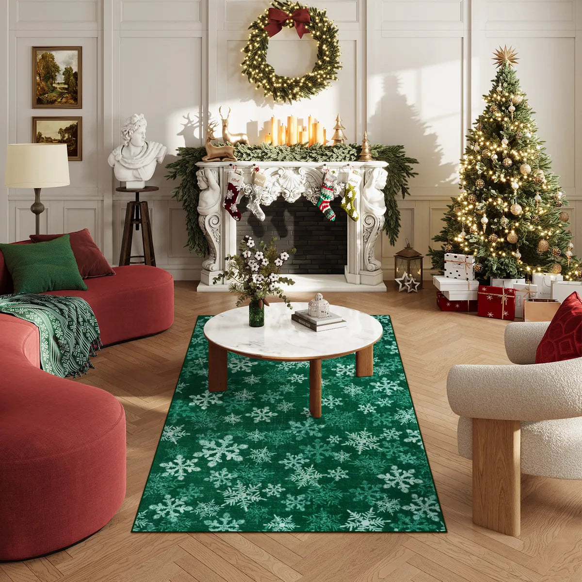 Christmas Washable Frosted Snowflake Green Rug Clearance Rugs Lahome 3' x 5'