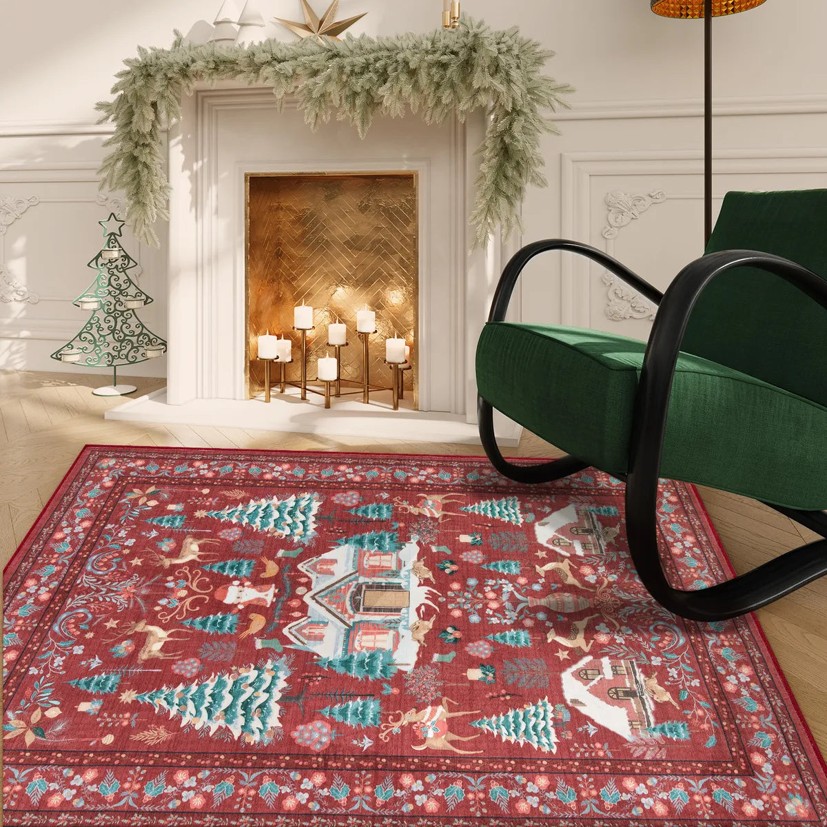 Christmas Washable Winter Snow House Red 5x7 Rug Clearance Rugs Lahome