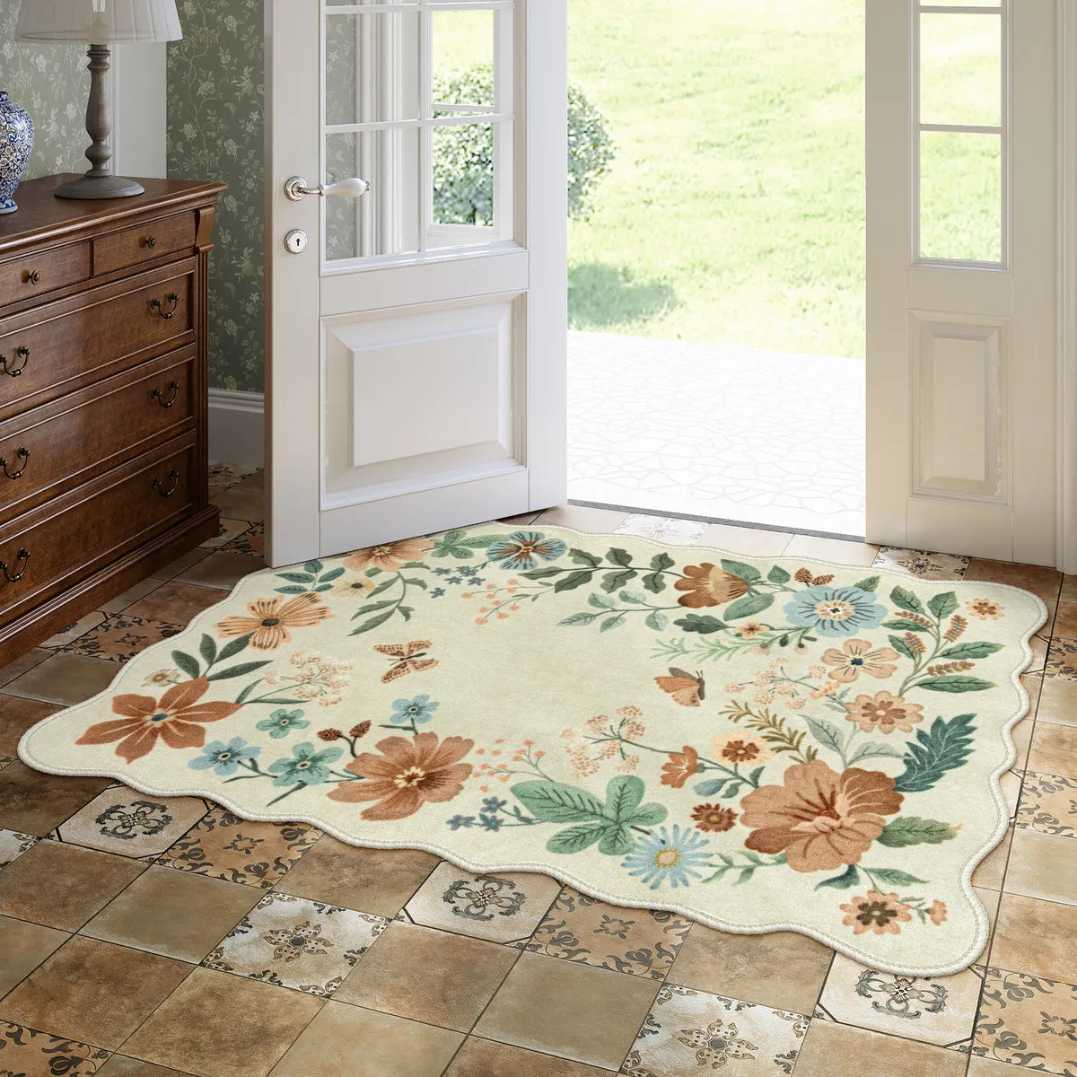 Flore Washable Boho Modern Parisian Floral Scalloped Beige Rug Area Rugs Lahome 3' x 5'