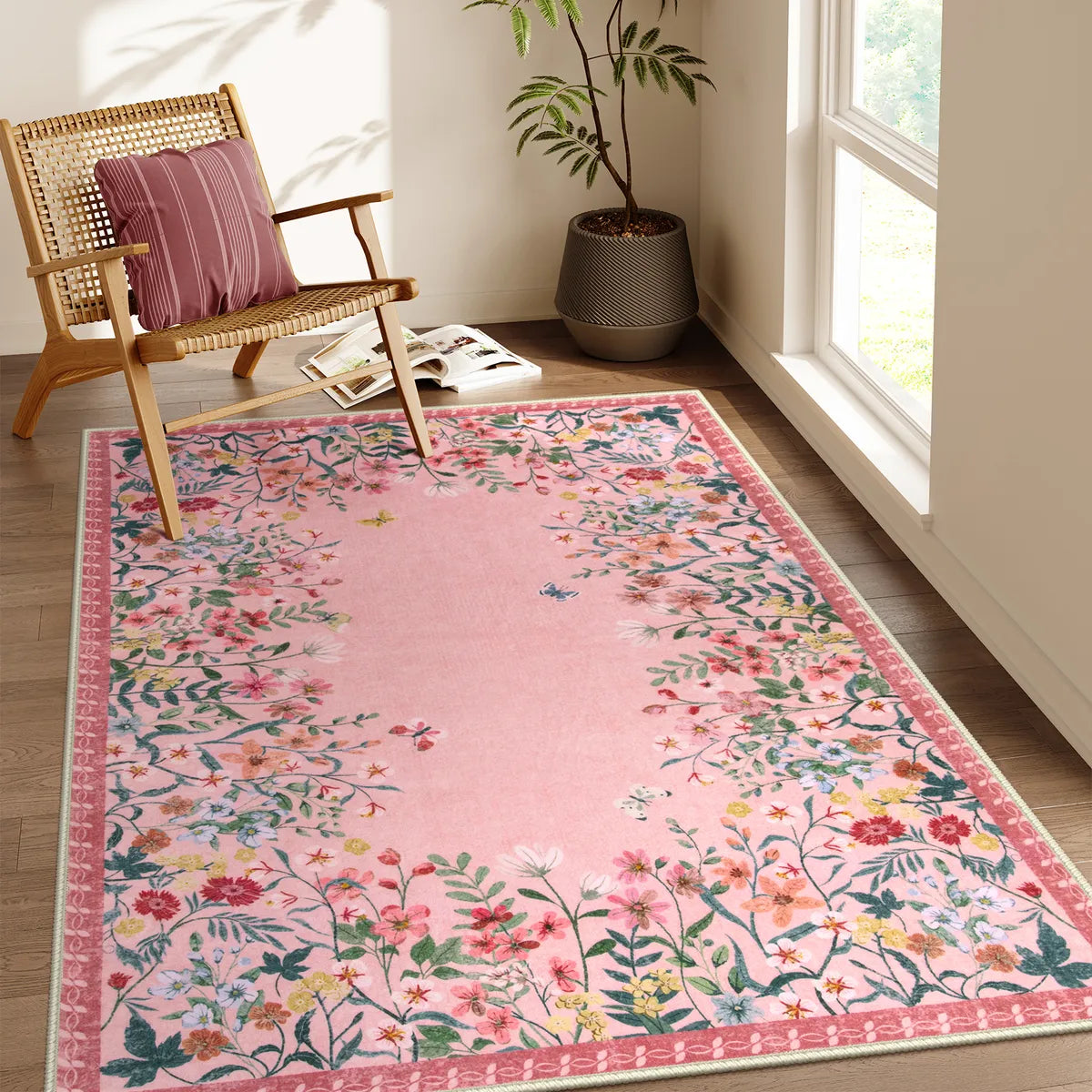 Clearance Solene Washable Modern Blooming Floral Garden Pink Rug Clearance Rugs Lahome